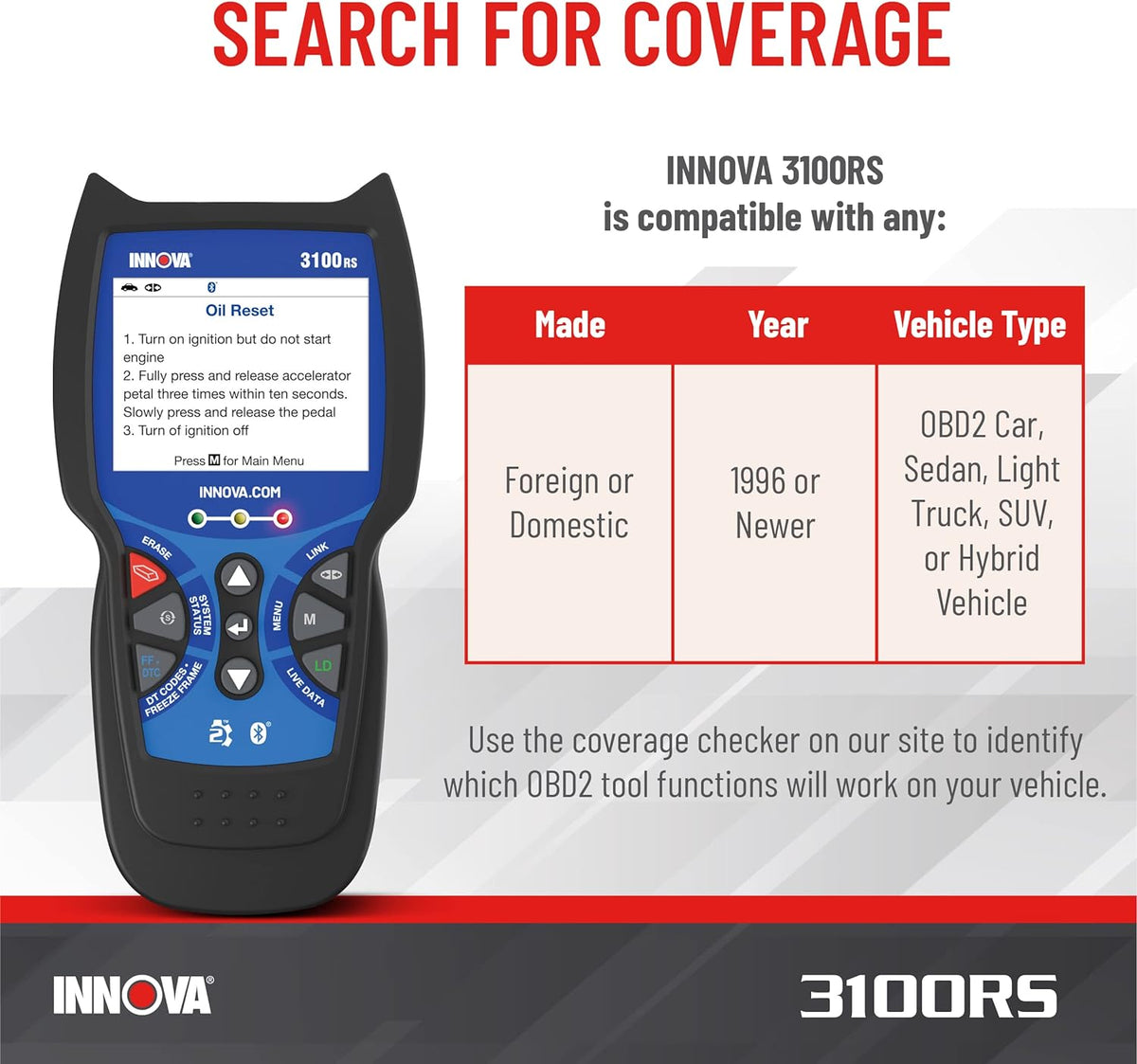 INNOVA 3100RS, OBD2 Scanner, ABS SRS Airbag Scan Tool with Airbag Light & Oil Light Reset, Stream Graph & Record Live Data, Get Suggested Repair & Parts on iPhone or Android