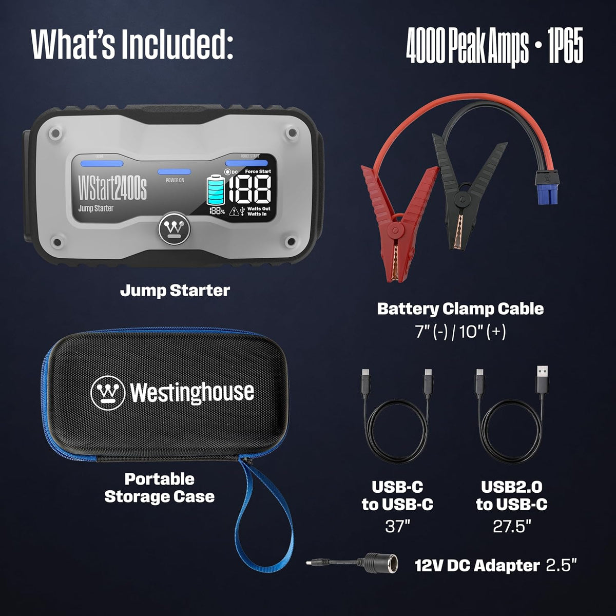 Westinghouse 4000A Portable Jump Starter & USB Power Bank - 12V Car Battery Booster Pack Jump Box for Up to 9.0L Gas & 7.0L Diesel Engines, Bright LED Flashlight, IP65 Rated Waterproof Housing
