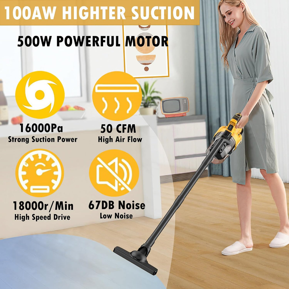 Cordless Vacuum Cleaner for Dewalt 20V Battery, 5 in 1 Handheld Electric Vacuum with Washable HEPA Filter，50CFM 100AW Cordless Vacuum for Floor, Carpet, Car(Battery Not Included)