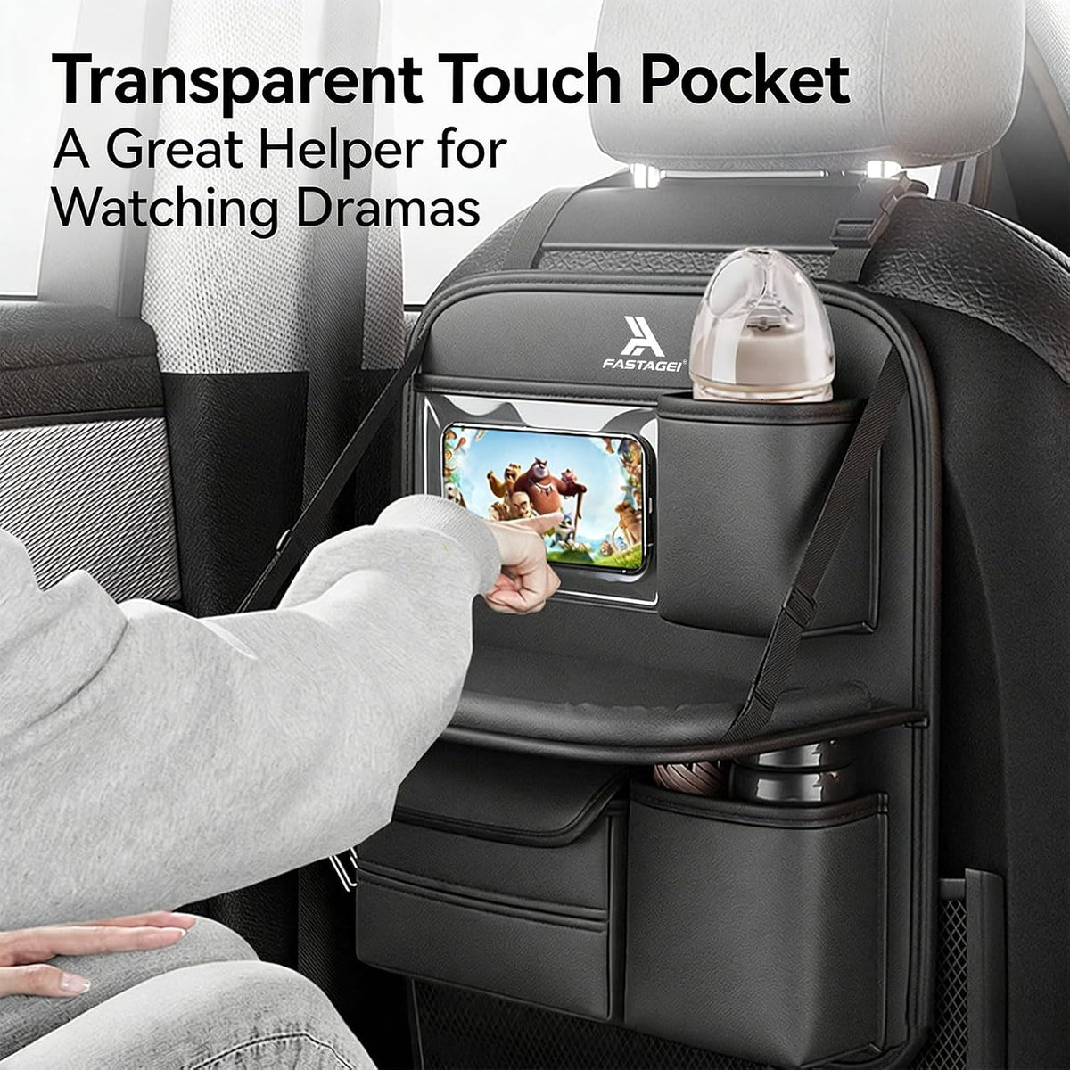 2 Pack Universal Premium Leather Foldable Car Backseat Organizer with Table Tray, Seat Back Protector with Touch Screen Pad Phone Holder, Car Storage Pockets Tissue Box with School Bags Hooks