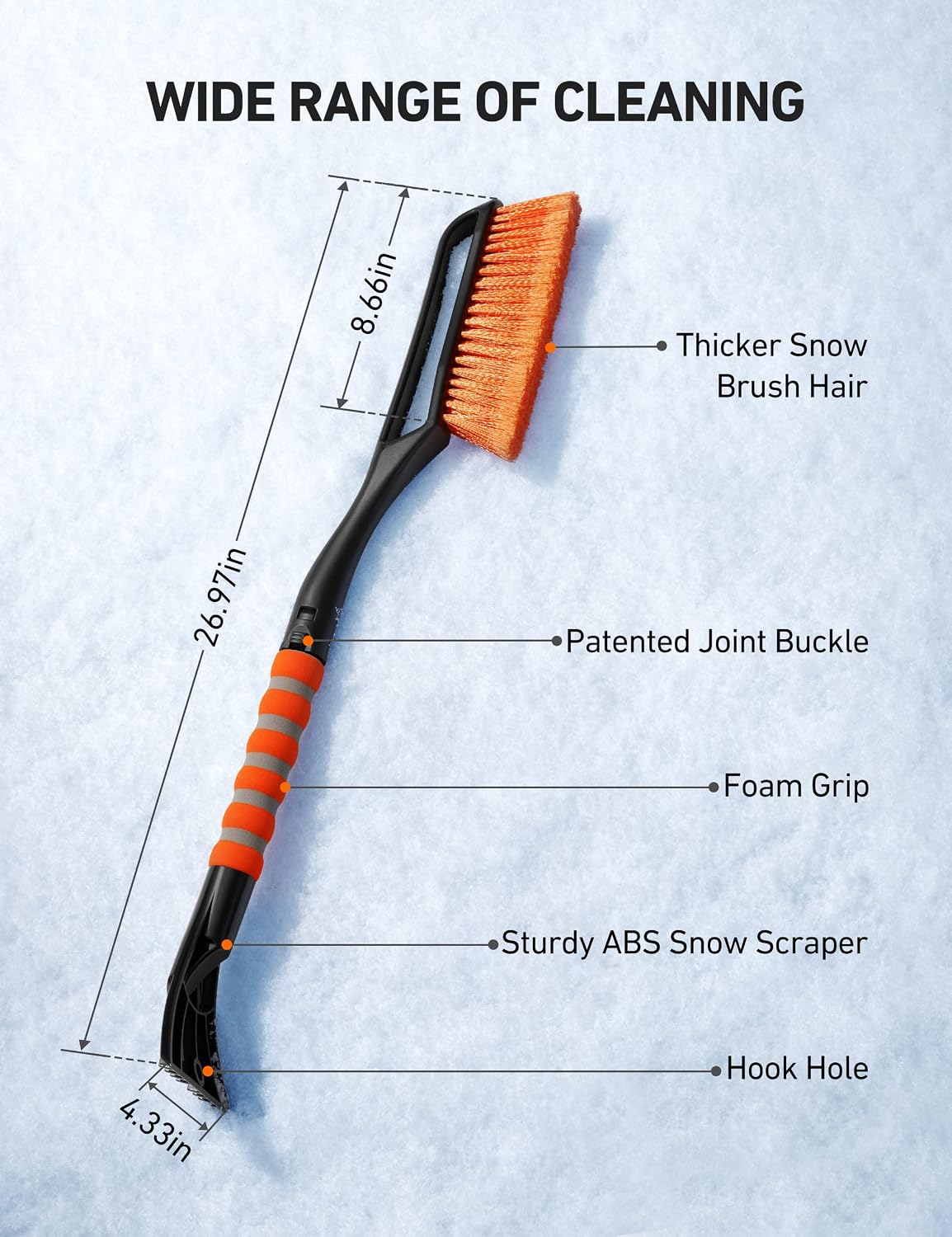 AstroAI 2 Pack 27" Snow Brush and Ice Scrapers for Car Windshield, Detachable Snow Scrapers with Ergonomic Foam Grip for Cars, Trucks, SUVs (Heavy Duty ABS, PVC Brush, Orange)