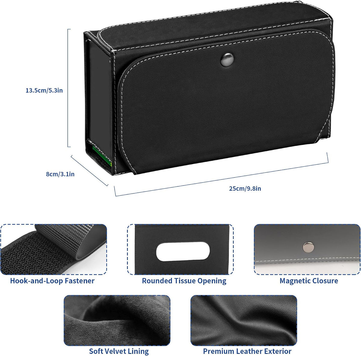 Car PU Leather Clip On Visor Tissue Holder with Mirror Storage Black