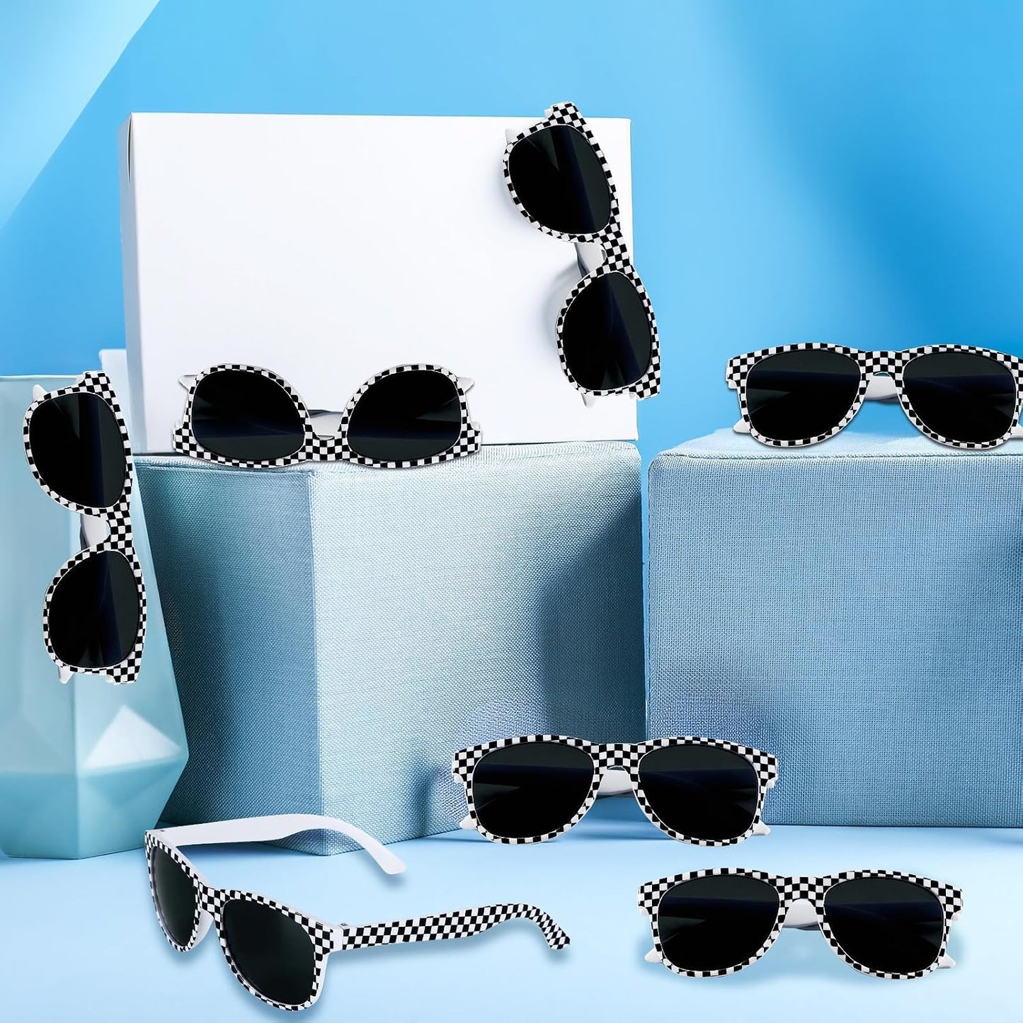 16 Pack Race Car Checkered Sunglasses White Black Frame Checker Sunglasses Bulk for Kids Racing Party Favors Essentials & Gear Up With Hot Car Plastic Glasses for Racing Theme Birthday Party Gifts