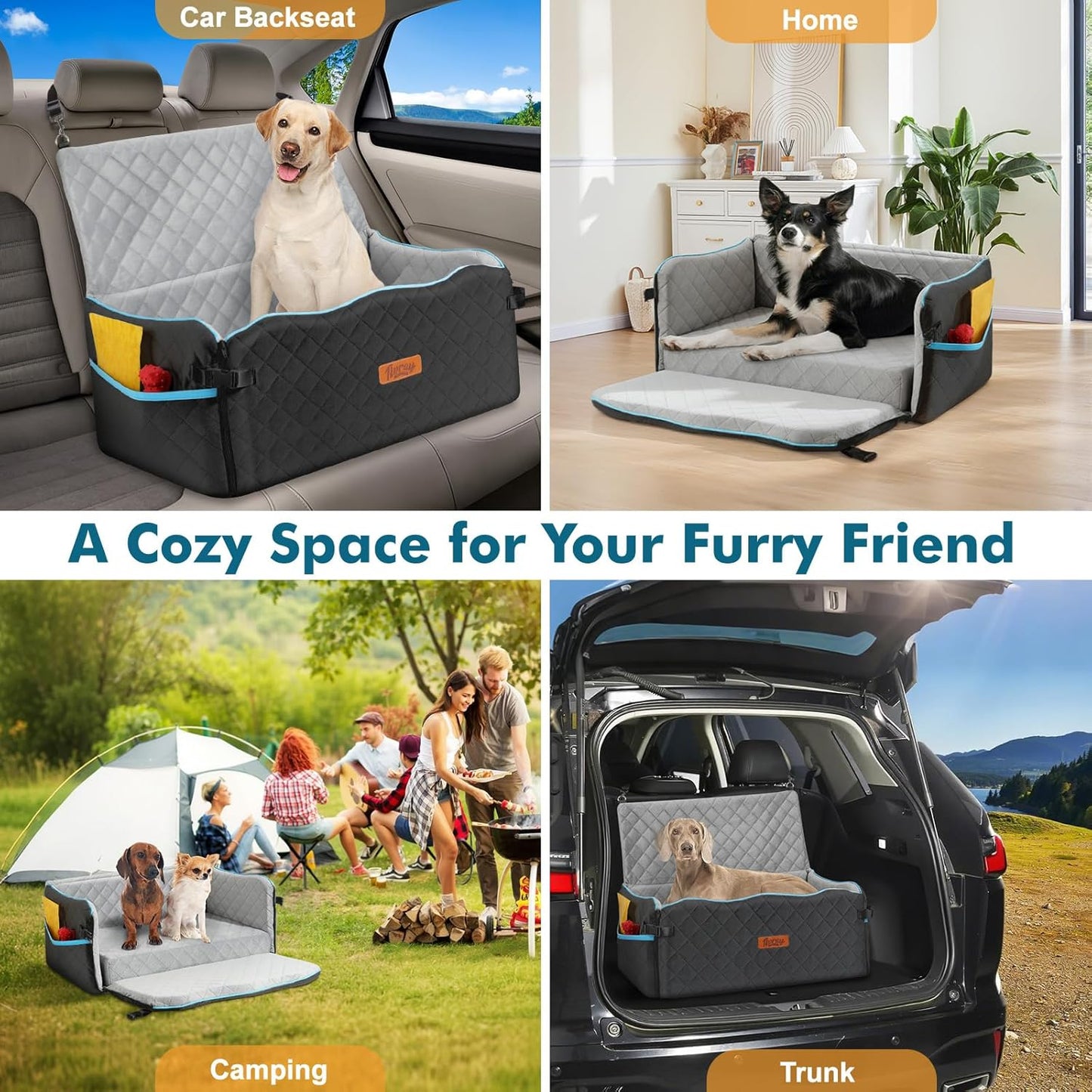 Large Dog Car Seat, Dog Car Bed for Large Dogs Under 60 lbs or 2 Small Breeds, Comfortable Pet Booster Seat with Soft Foam Thick Cushion, Detachable & Washable Pet Bed for Backseat, Black+Grey