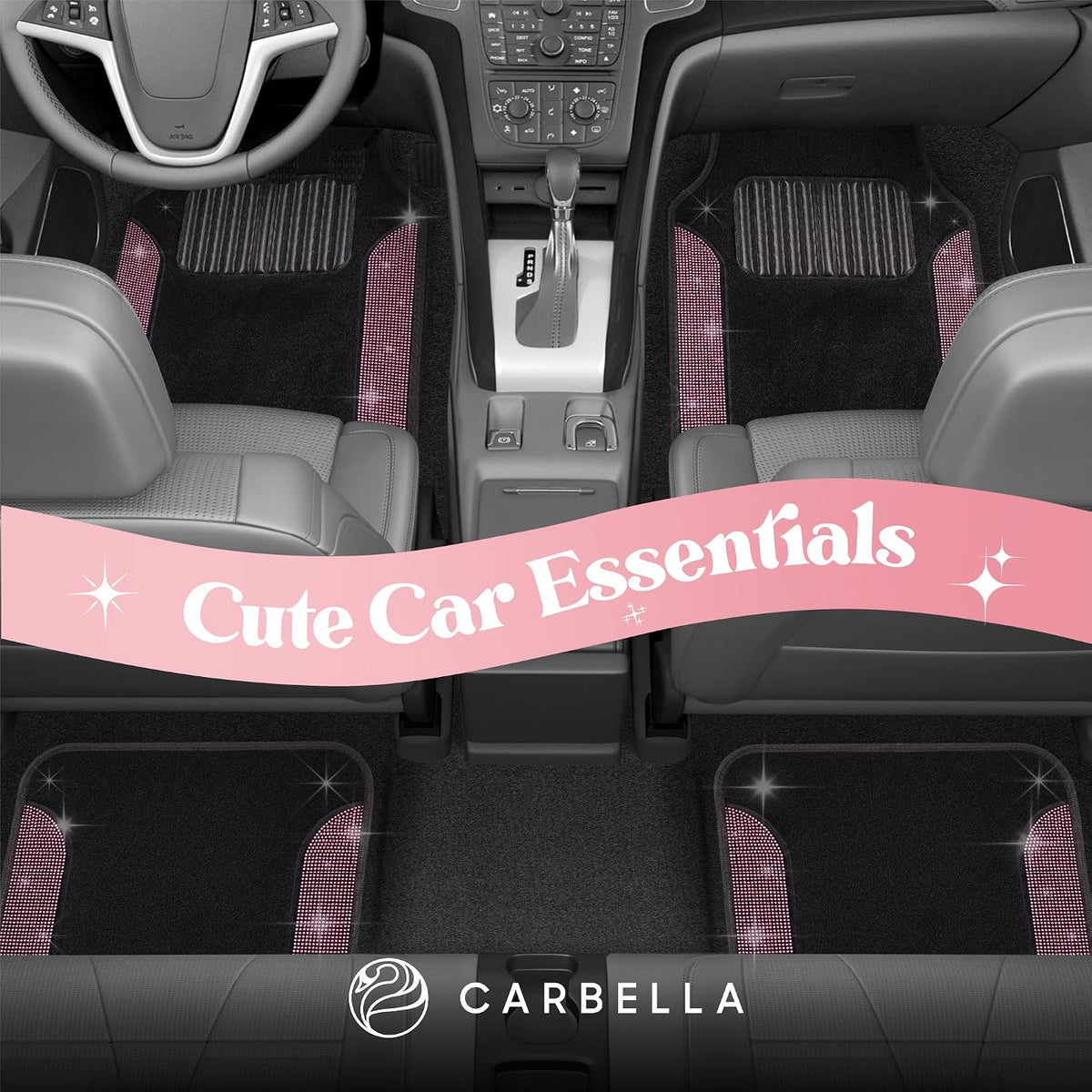 Carbella Diamond Bling Car Mats 4-Piece Set, Shiny Rhinestone Crystal Carpet Car Floor Mats, Two-Tone Floor Mats for Cars, Cute Automotive Interior Car Accessories for Women (Pink)