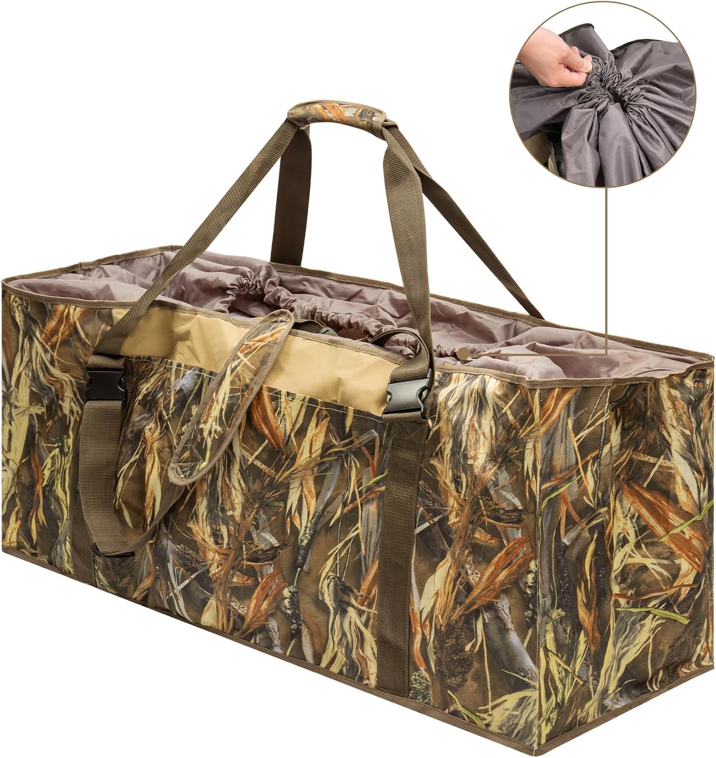 12 Slot Duck Decoy Bag with Carrying Padded Shoulders Hunting Blind Camo Printing Duck Decoy Bag with Smart Mesh Bottom Drainage System