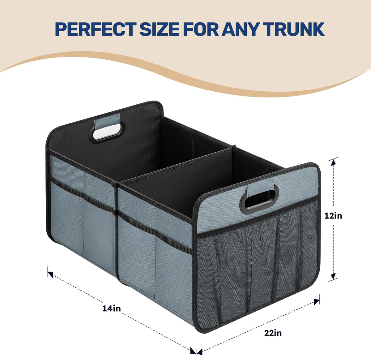 YSSOA Trunk Organizer for Car/SUV/Truck, Collapsible 2 Compartment Automotive Storage Box, 600D Waterproof Oxford Polyester 50L Travel Accessories, Anti-slip & Leak-proof, Grey-Green