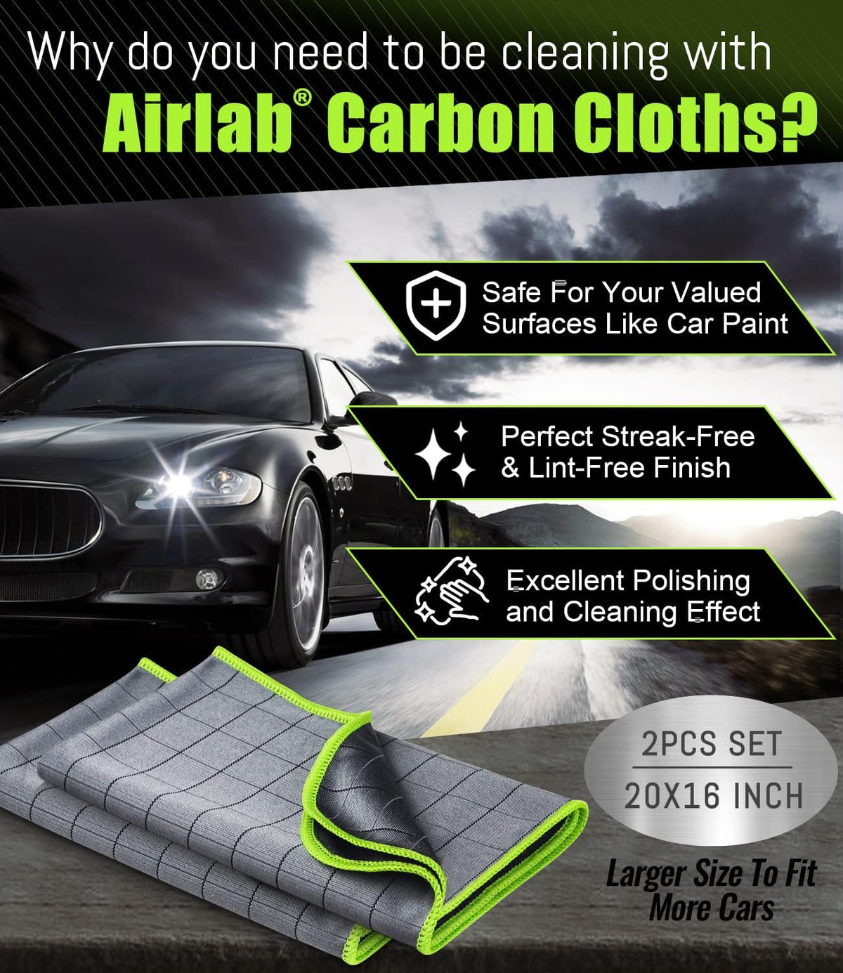 Airlab Carbon Microfiber Towels for Car Glass Window Polishing, Grey-Green