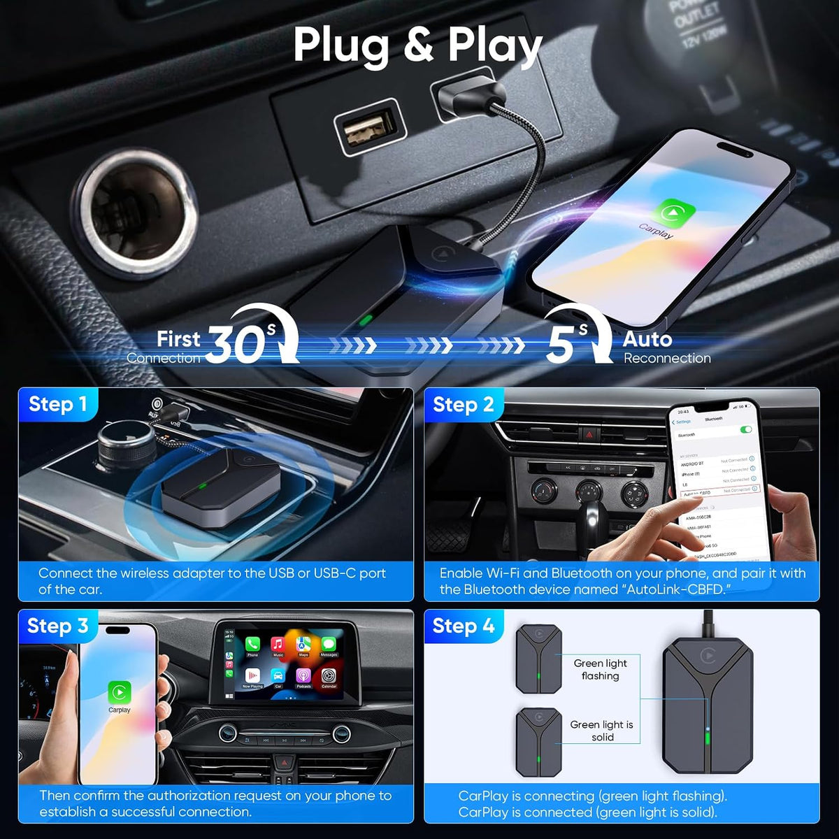 Wireless CarPlay Adapter for iPhone, 2026 Wired to Wireless CarPlay Dongle, Plug & Play USB-C Adapter, 5.8GHz WiFi, Bluetooth 5.3, Auto Connect, Low Latency, for Cars 2015+