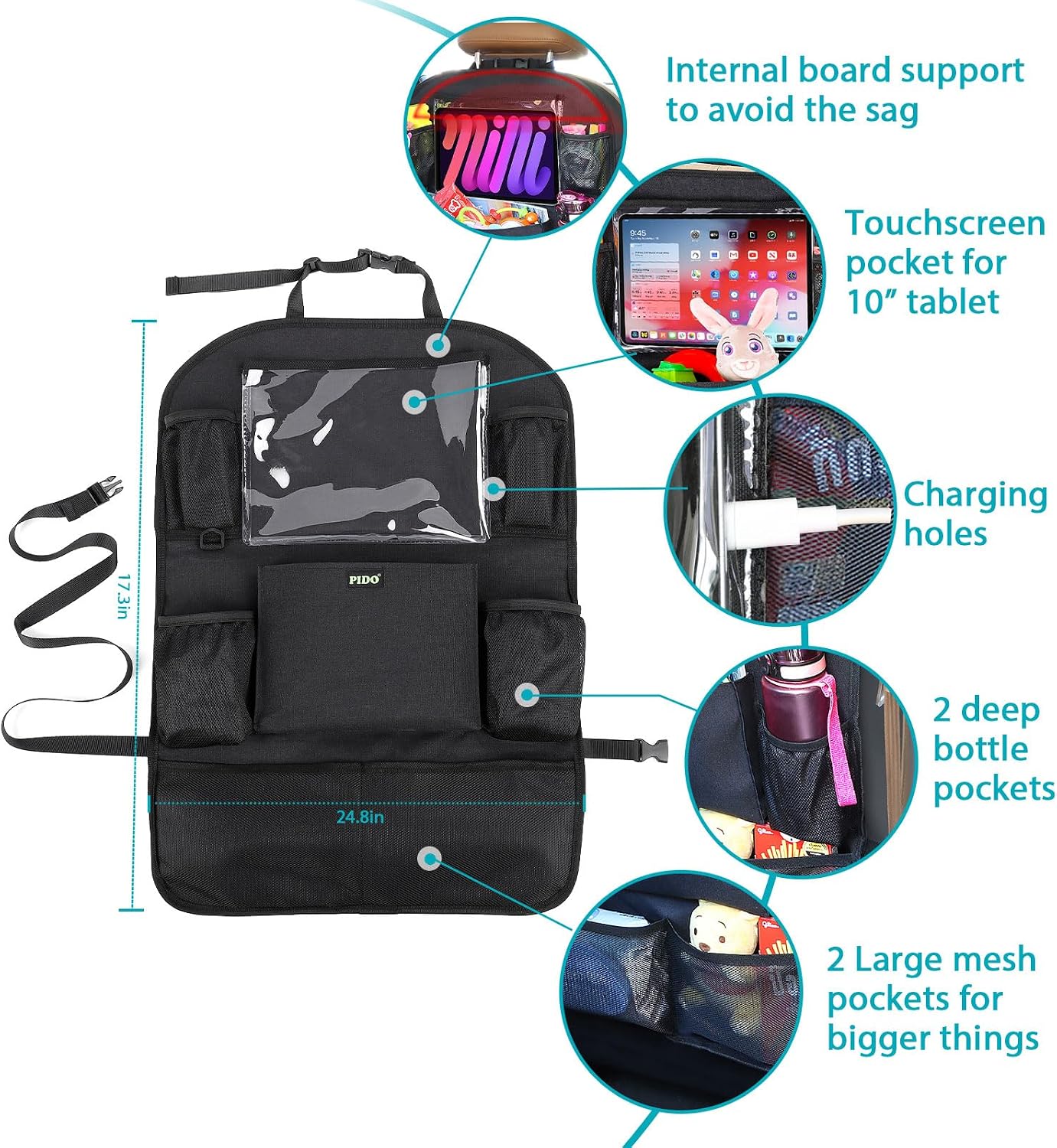 PIDO Backseat Car Organizer, 2 Pack Car Seat Organizer for Kids with Touch Screen Tablet Holder and 8 Pockets, Automotive Seat Back Kick Mat Made with Heavy Duty Fabric, Road Trip Essentials, Black