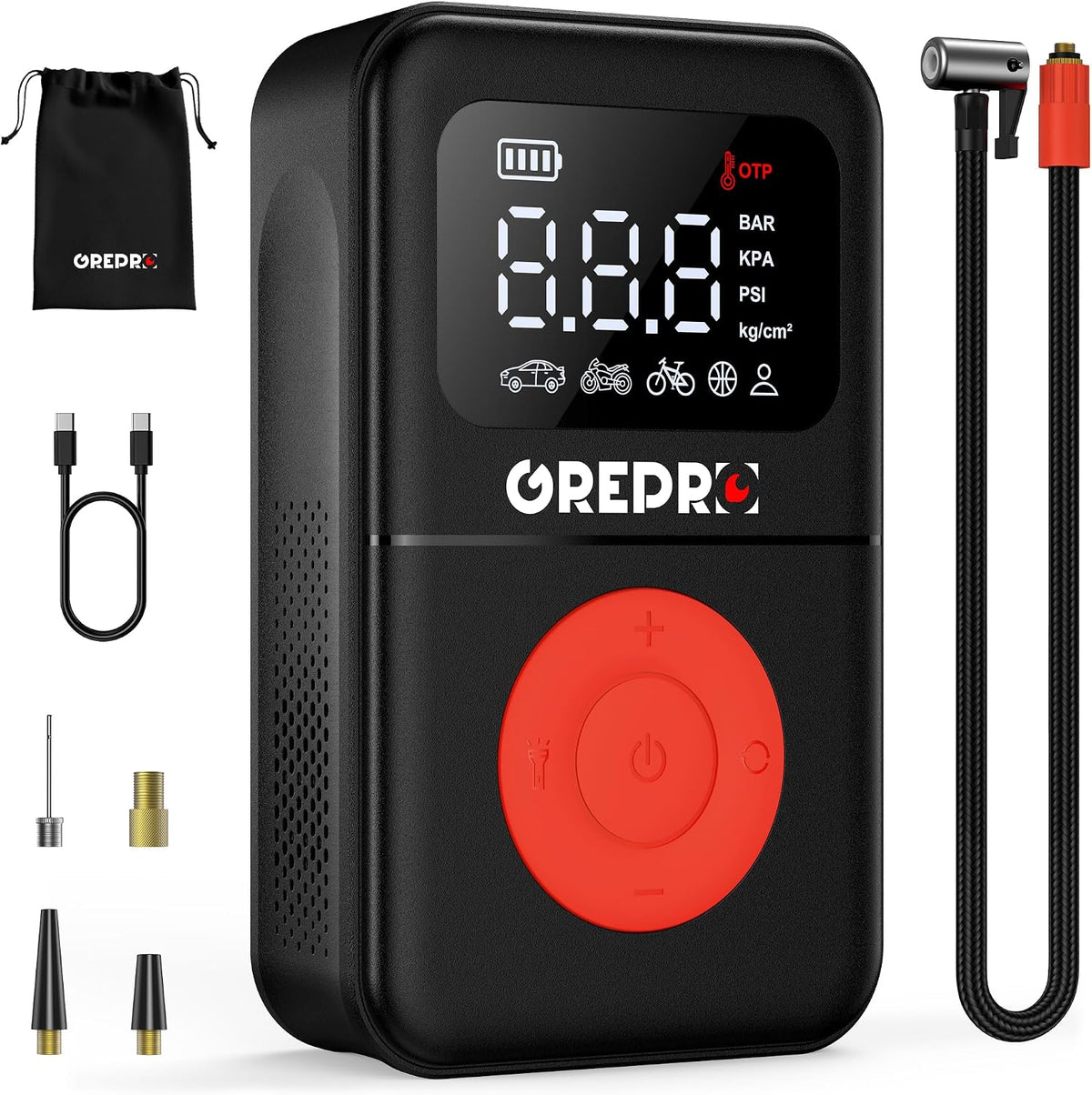 GREPRO Tire Inflator Portable Air Compressor, 160 PSI Portable Air Pump with Digital Pressure Gauge, LED Light, and Multiple Adapters for Car, Motorcycle, Bicycle, and Other Inflatables