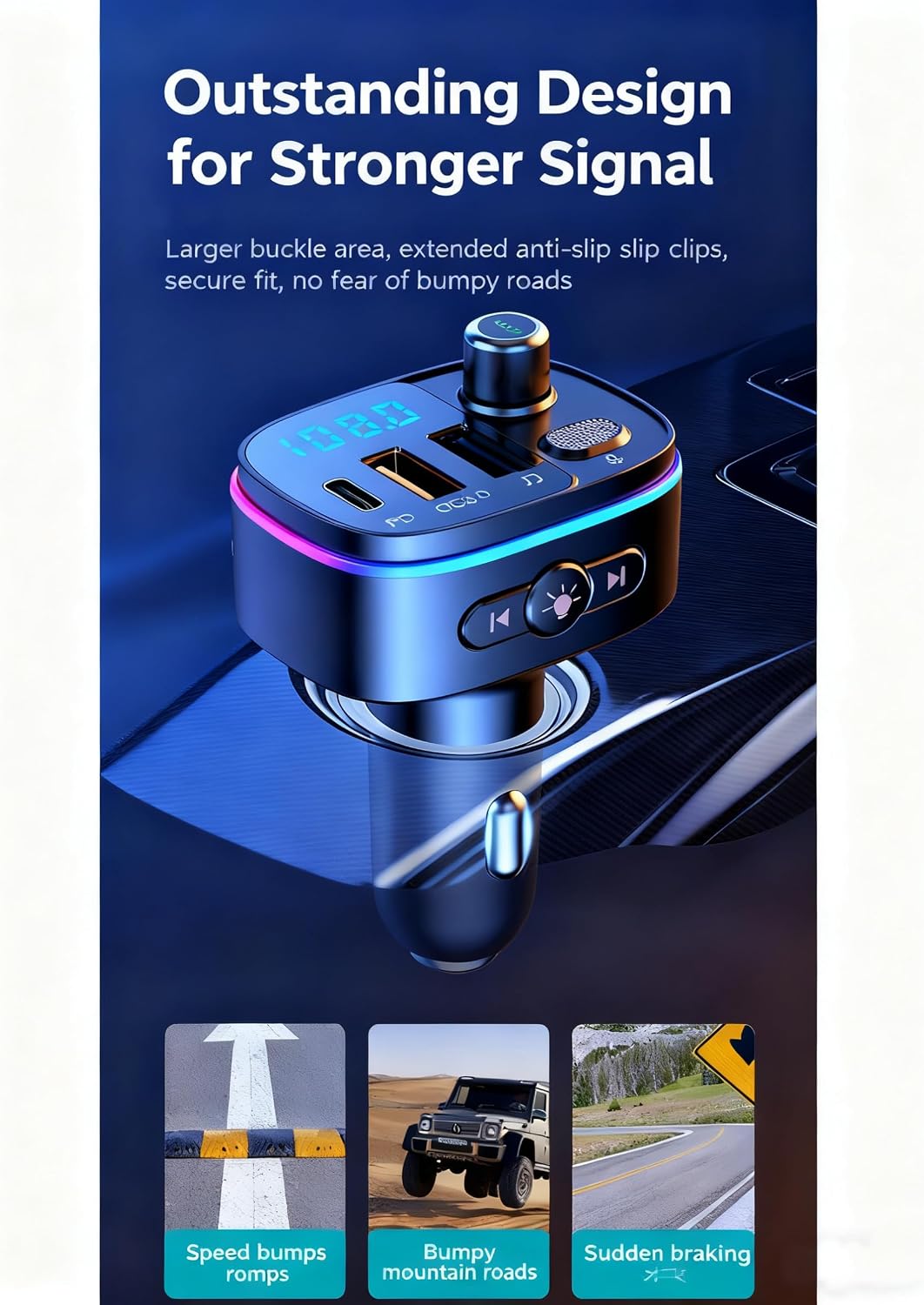 TISONNY Bluetooth FM Transmitter for Car, with Dual Fast Charging (QC3.0 & PD 20W), Qualcomm 5.0 Chip, Hands-Free Calling, Support USB/TF Card Playback, Plug and Play for All Cars