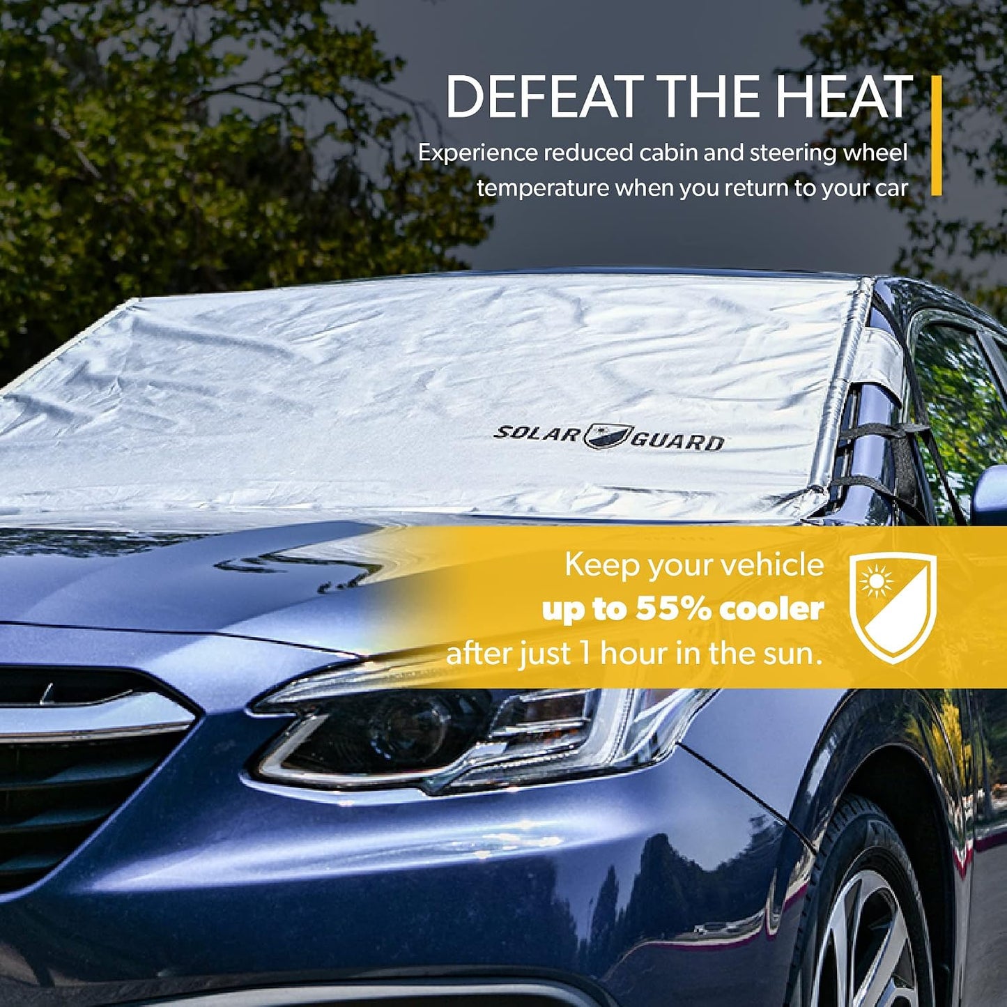 SolarGuard Plus Sunshade for Car Windshield - Reflective Car Shades for Windshield, Blocks Damaging UV Rays - for Use on Front Window Exterior, Includes Security Flaps - Silver, Standard Size