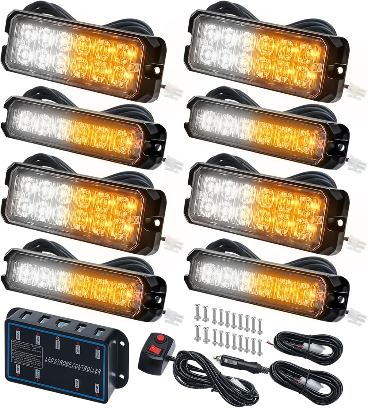 8-pcs Ultra Slim Amber White LED Emergency Flashing Strobe Lights for Vehicles, Trucks, and Cars Sync Feature Surface-Mount Beacon Hazard Light with Controller and Wiring Harness