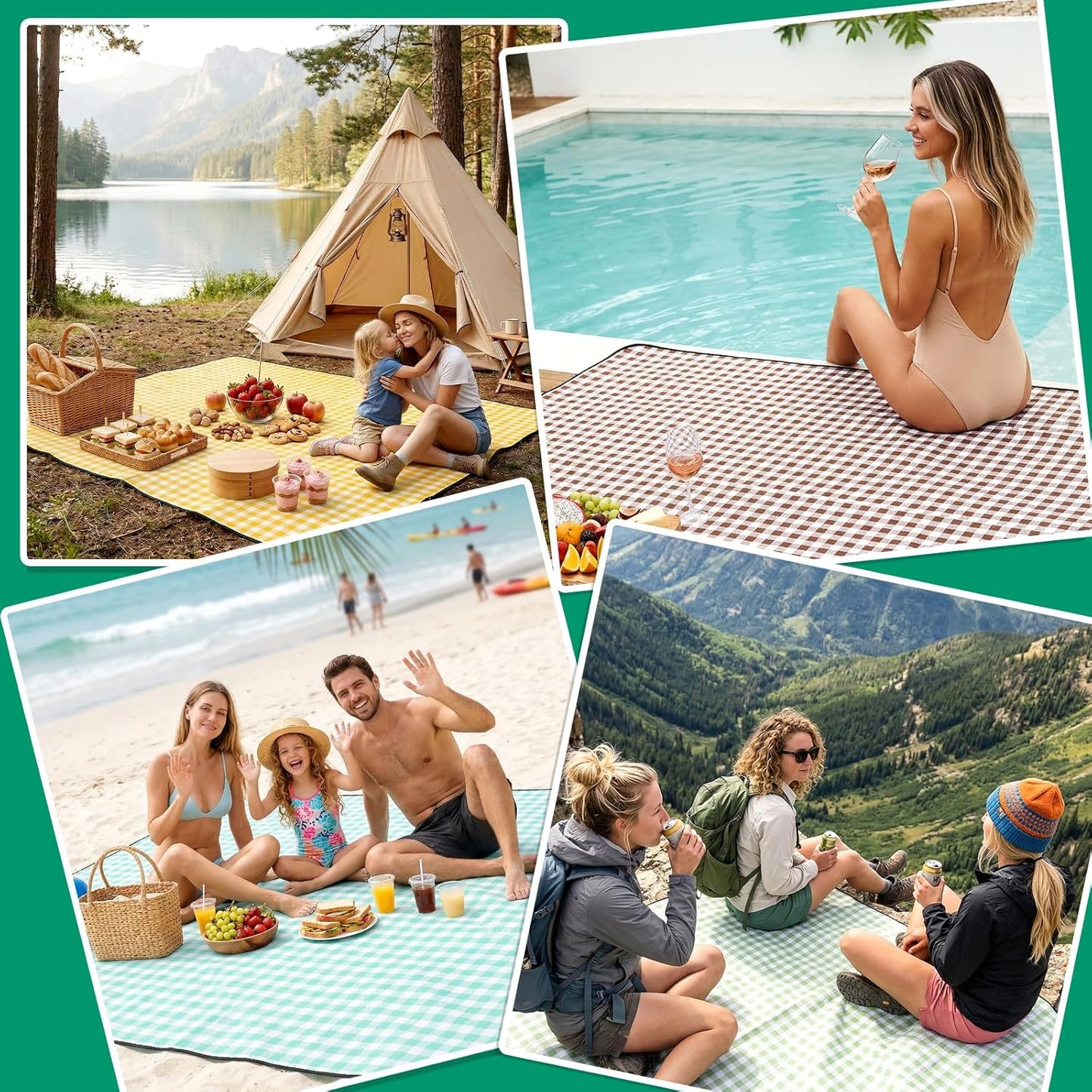 RYCHIC Waterproof Beach Blanket Picnic Camping Mat Rug Extra Large Portable Umbrella Wagon Folding Pop Tent Sun Shelter Shade Canopy Ball Cart Anchor Fan Mesh Rubber Bag Tote Toallas Manta de Playa