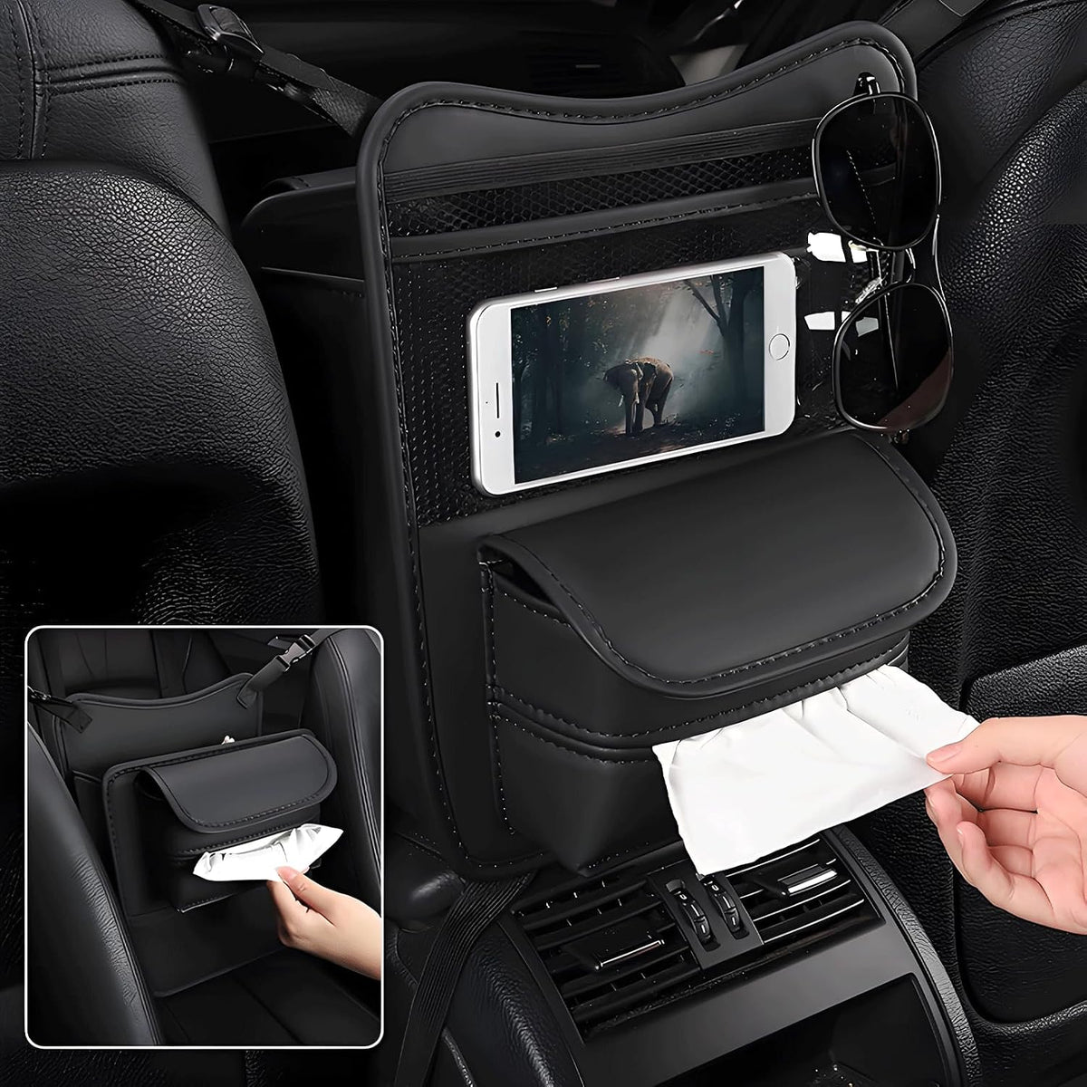 Car Organizer Storage Between Seats, Premium Leather Car Storage Bag Pocket Handbags Purse Holder with Tissue Box, Touch Screen Phone Holder, Console Front Seat Storage Barrier (Black)