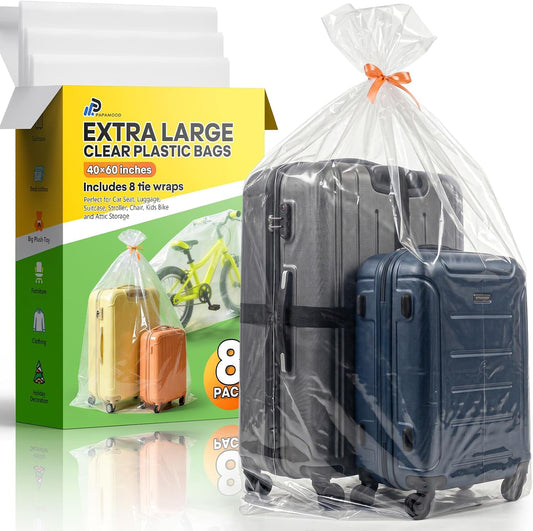 40x60 Inch Extra Large Clear Plastic Storage Bag for Luggage Cover, 8 Pack | 2 Mil Thick Poly Flat Bags for Suitcase/Rug/Car Seat/Stroller/Chair/Xmas Tree Cover, Attic Basement Garage Storage Moving Bag