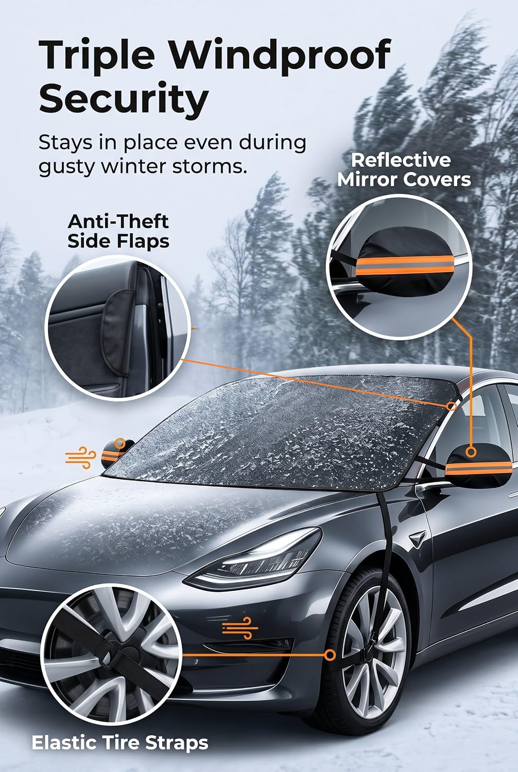 Windshield Cover for Ice and Snow, Hail Resistant Car Cover 65"x42", 600D Oxford Car Cover with Reflective Mirror Covers, Tire Mount Straps for Car, SUV, Truck, Van