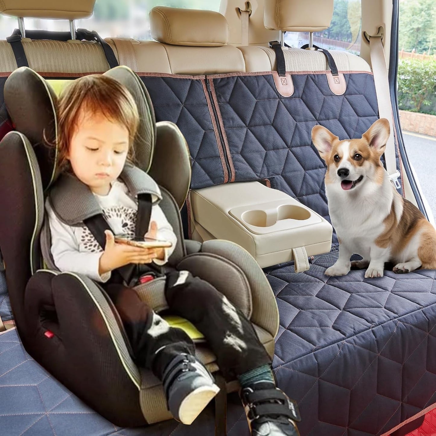 Petiza Dog Car Seat Cover for Back Seat, Heavy-Duty Non-Slip Waterproof Car Bench Protector for Pets,Compatible with Middle Armrests ，Dog Seat Cover Universal for Cars Trucks and SUVs