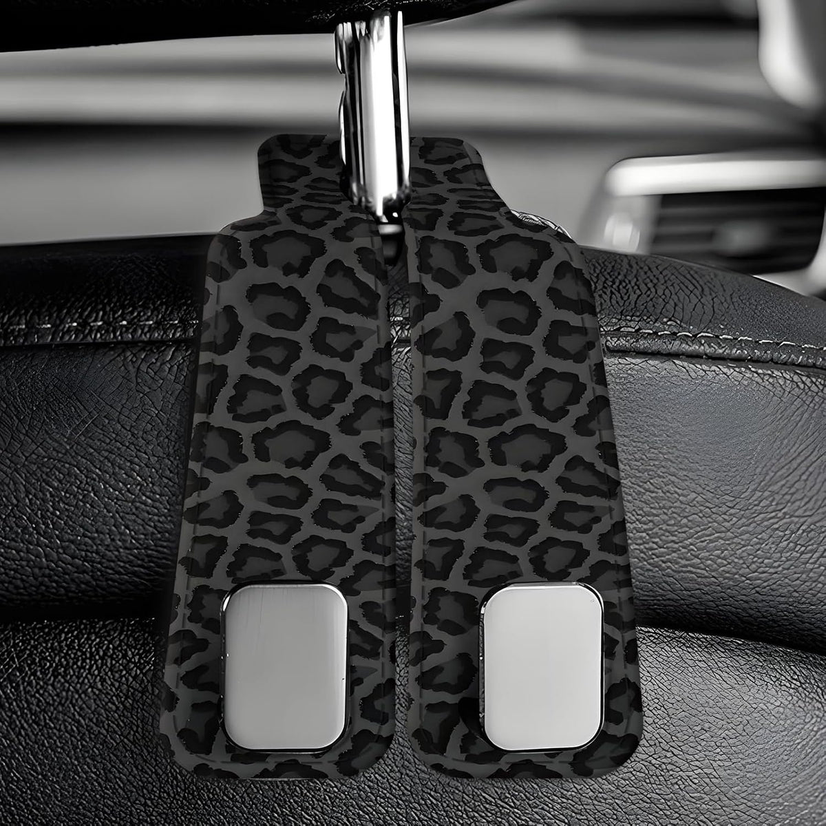 Car Seat Back Storage Headrest Hook, Premium Leather Double Metal Hook, Hanger Storage Organizer for Purse Cloth Bag, Car Interior Accessories Cute Black Leopard