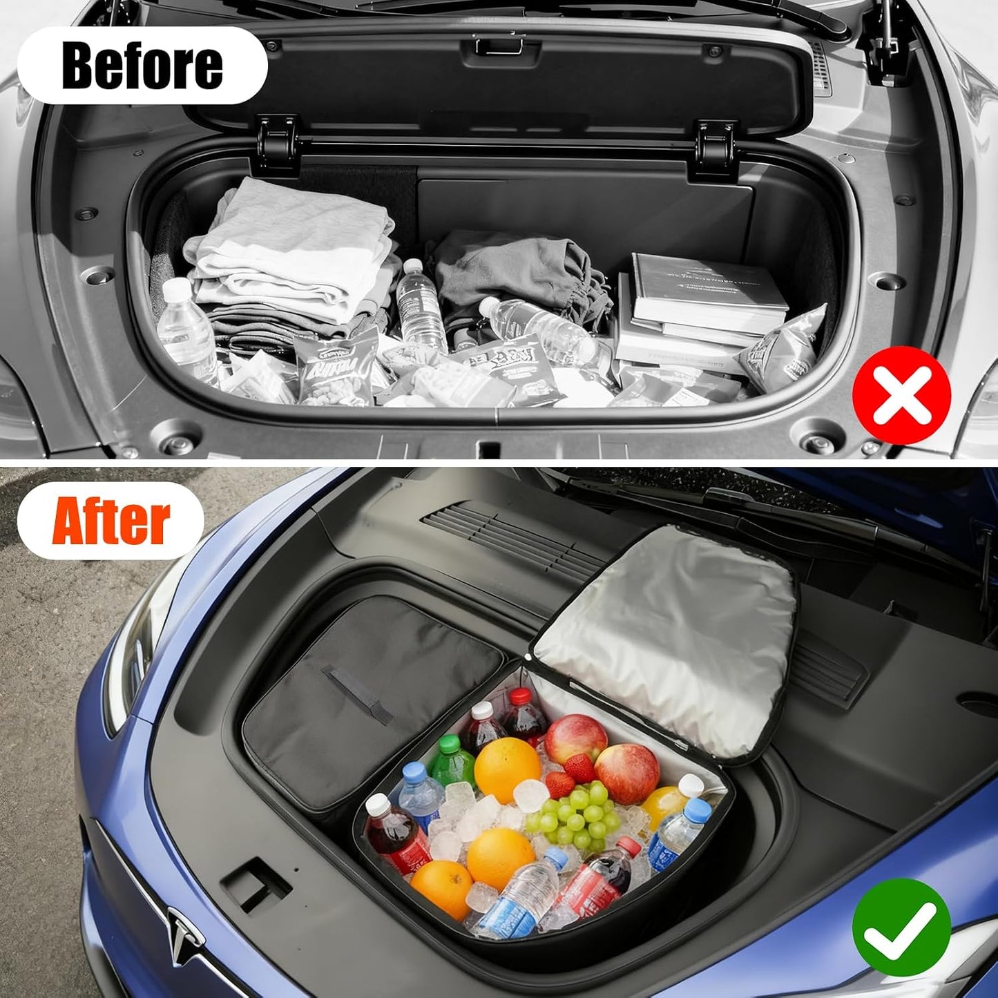 for Tesla Model Y Frunk Cooler Organizers 2020-2025, AYAMAYA Insulated & Leak Proof Camping Coolers, Portable Front Trunk Storage Bags with Lid and Strap for Tesla Model Y Accessories, Set of 2