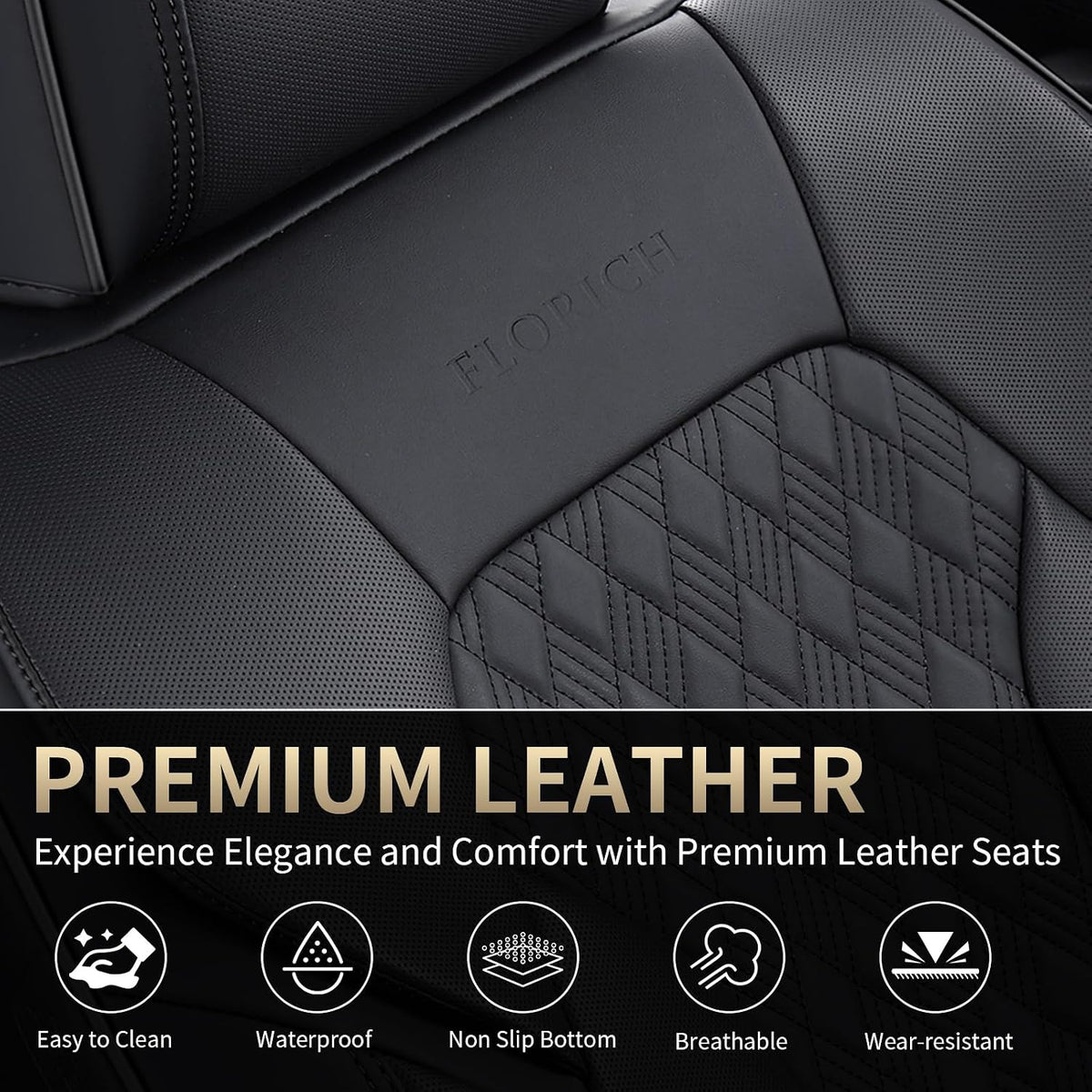 FLORICH Seat Covers, Car Seat Covers Front Seats, Luxury Nappa Leather Seat Covers, Breathable and Waterproof Car Seat Protector 2 Seat, Automotive Seat Covers Universal Fit for Most Cars-Black