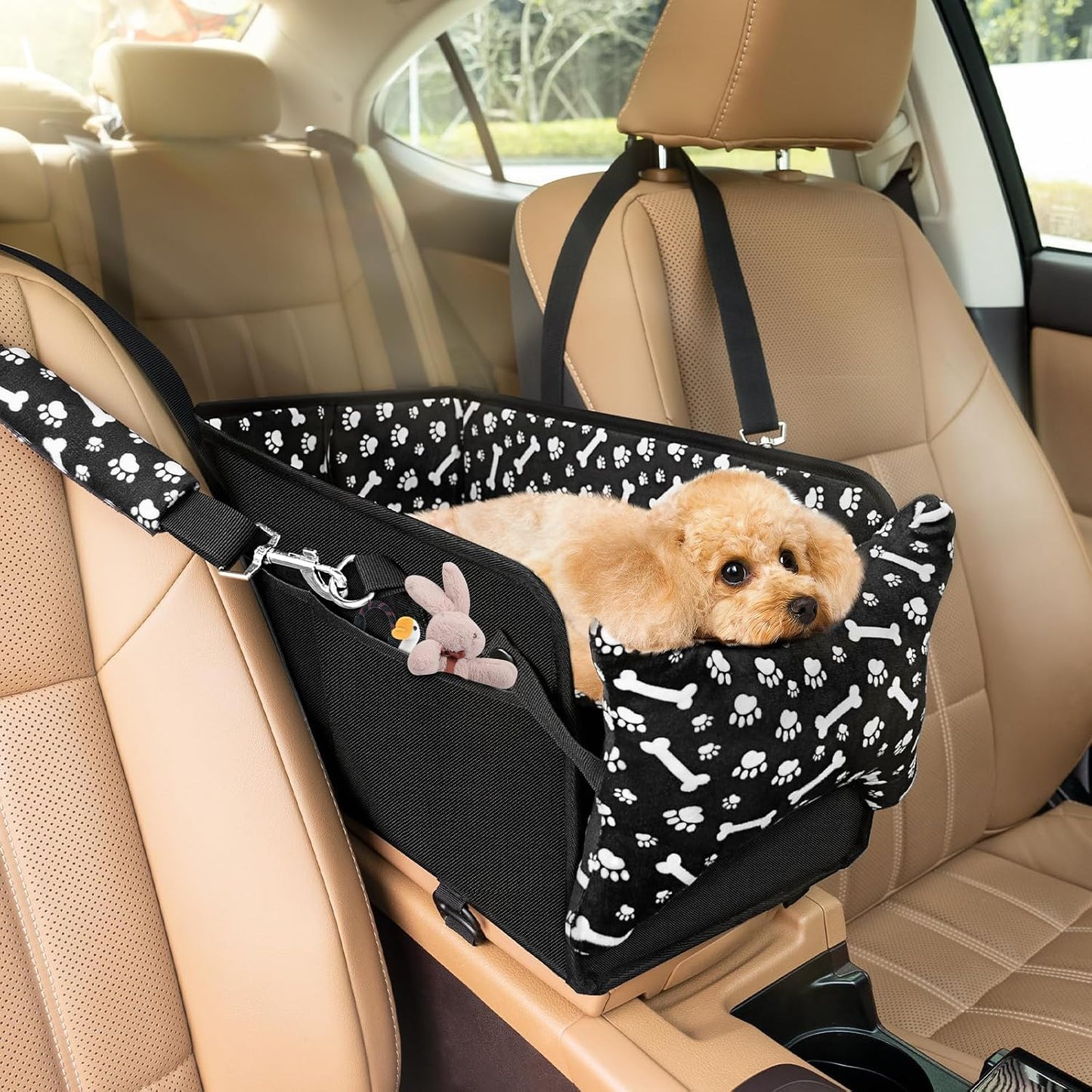 Center Console Dog Car Seat, Portable Pet Cat Puppy Booster Armrest Carseat, Anti-Collapse Pet Car Seat with Safety Leash, Adjustable Straps, Storage Pockets, Support Pet Up to 15lbs (Black)