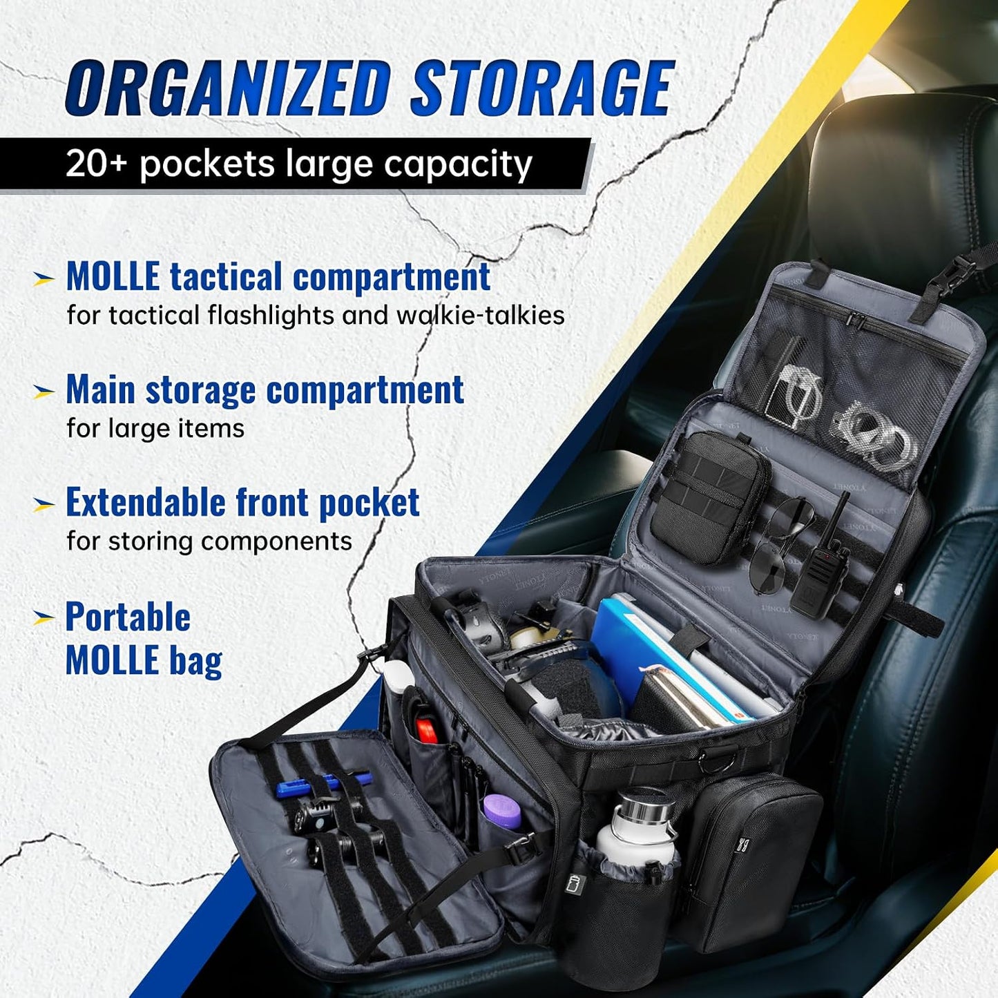 Patrol Bag Law Enforcement, Extra Large Police Gear Bag for Car Front Seat Organizer with a MOLLE Pouch & 15.6In Laptop Layer, Multiple Compartments Police Duty Bags Fit Passenger Seat, Pure Black