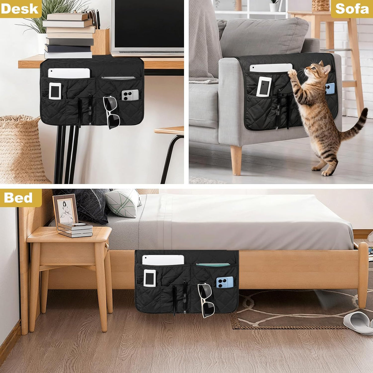 Remote Control Holder for Recliner, Armchair Caddy, Non Slip Sofa Armrest Organizer for Recliner Couch With 6 Pockets for TV Remote,Cell Phone,Magazine (Black)