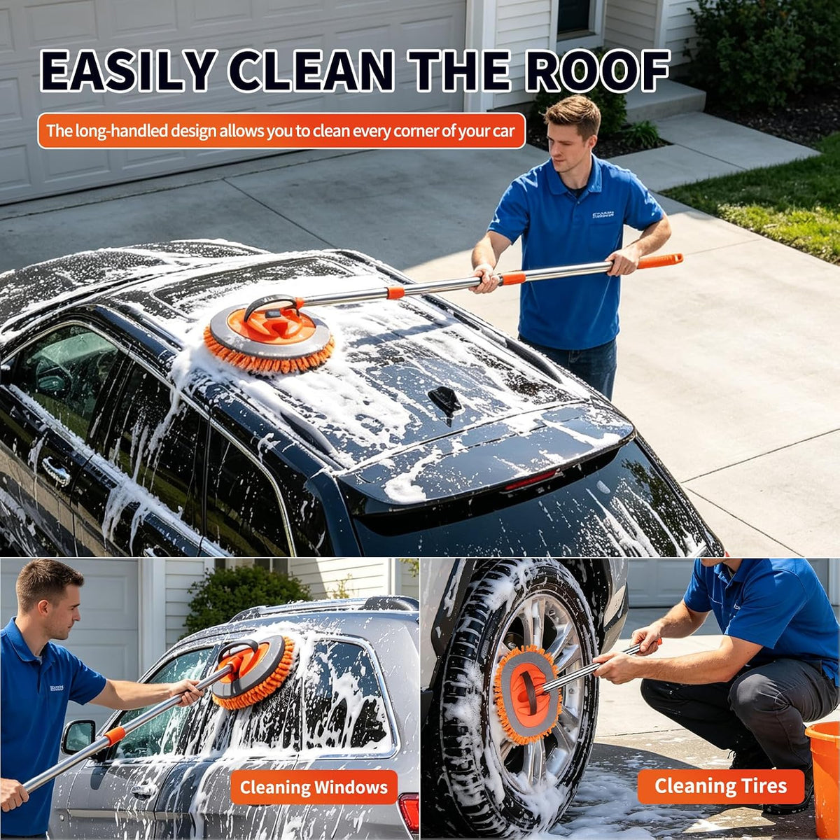 57'' Car Wash Brush with Long Handle Chenille Microfiber,3-in-1 Car Wash Mop Mitt Kit, Car Detailing Brush Cleaning Kit Window Squeegee for Cars RV Truck Boat
