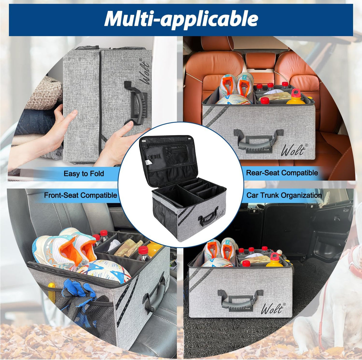 WOLT Car Trunk Organizer with Lid, Collapsible Multi Compartment SUV Organizer with Non-Slip Base Adjustable Straps