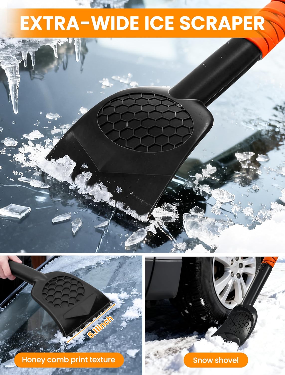 Ordenado 43" Snow Brush and Ice Scraper - Extendable Snow Scrapers and Cleaner for Car Windshield, 180° Pivoting Window Snowbrush with Foam Grip, Long Winter Broom Brushes for SUV, Truck, Auto Vehicle