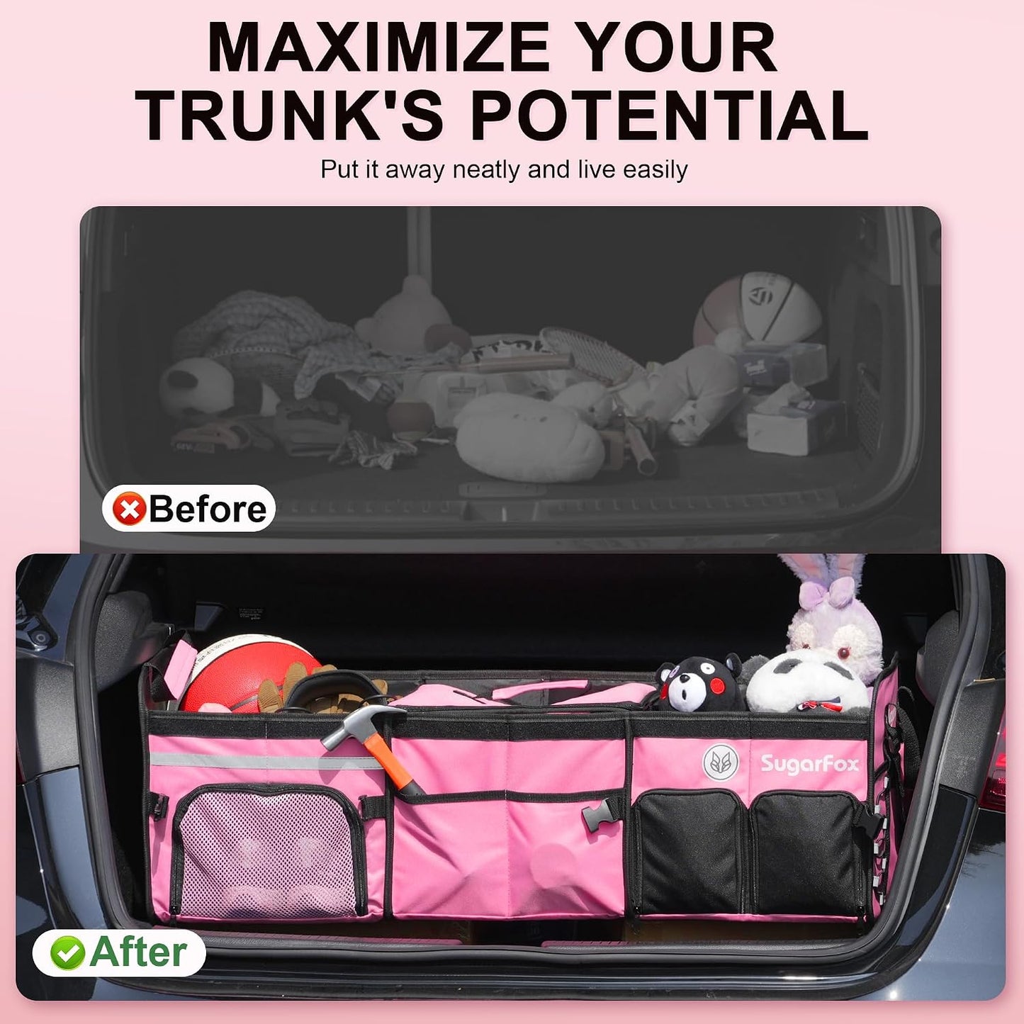 SugarFox Bold Color Block Trunk Organizer | 95L, 35"x13.8"x11.8" | Dedicated Shoe Storage & 26L Ice Pack | Foldable for SUV/Car/Jeep | Stylish Gift & Car Accessories for Men & Women - Pink-X212
