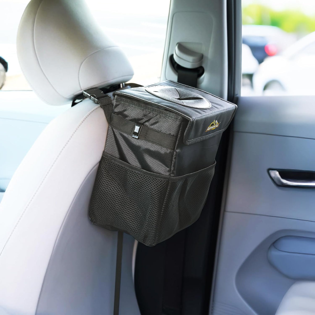 Armor All Car Trash Can & Organizer, 2.63 Gallon Waterproof Covered Garbage Bin, 3 Mesh Pockets, Collapsible for Easy Storage, Adjustable Strap & Hook for Backseat Hanging, 9.5” L x 6.25” D x 10.25” H
