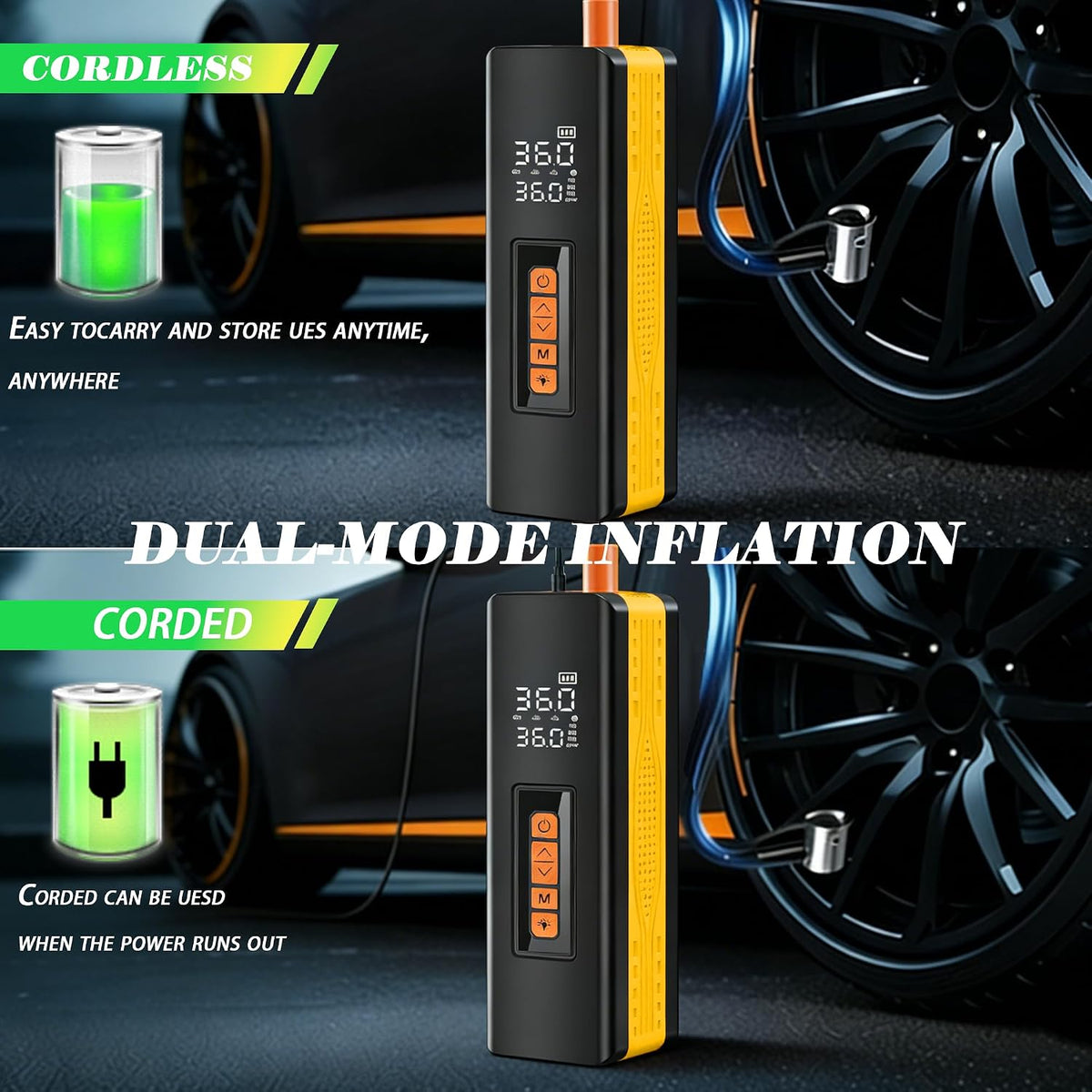 Tire Inflator Portable Air Compressor, 5X Faster 150 PSI Portable Tire Inflator for Car, Built-in Magnetic Storage, Auto Shut-Off Cordless Air Pump, LED Light for Cars, Motor, Bikes