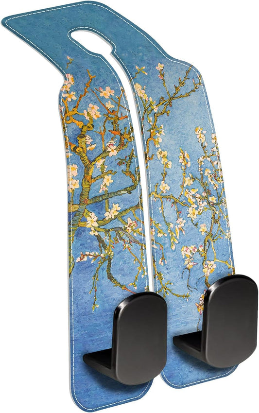 1 Pack Car Seat Headrest Hooks for Purses Abstract Blossoming Almond Tree Bag Purse Holder for Car with Double Metal Hooks Car Purse Hanger Hanging Accessories