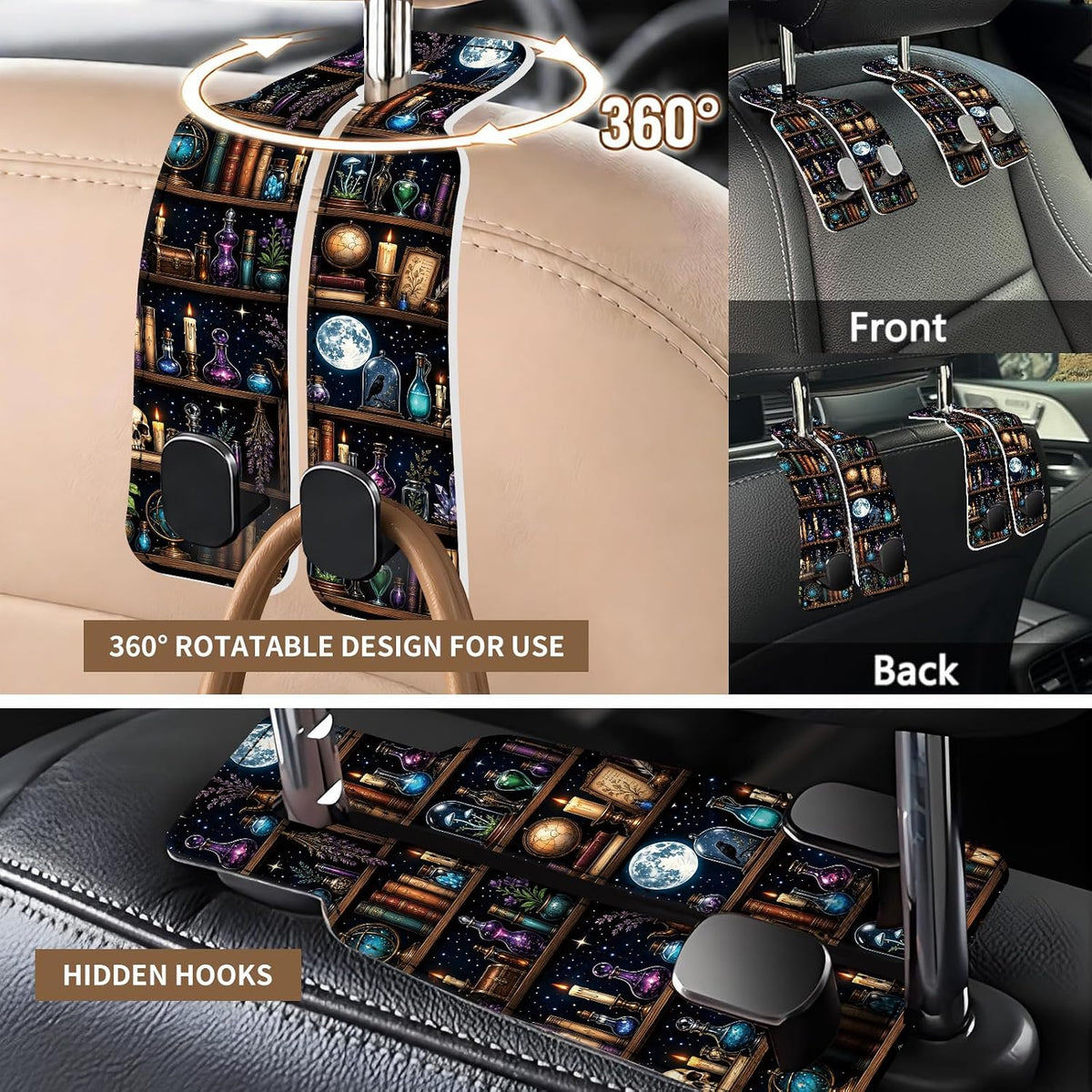 Leather Purse Hook for Car, Universal Cute Car Seat Headrest Hooks, Heavy Duty Vehicle Organizer for Handbags, Funny Car Interior Accessories Cute Book Shelf