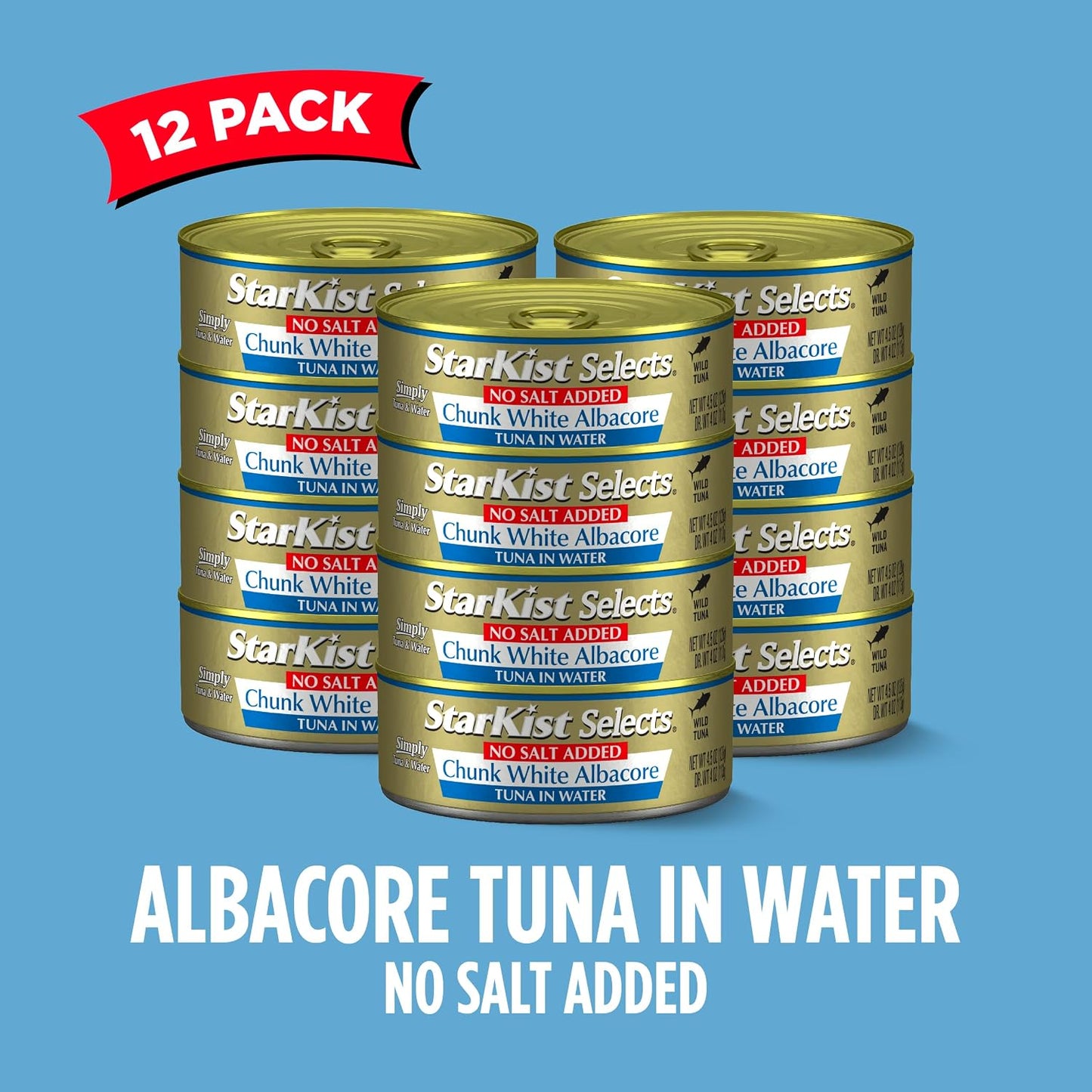 StarKist Selects No Salt Added Chunk White Albacore Tuna, 4.5oz, 12-Pack | 30g Protein Per Serving, Wild Caught, Canned Tuna, Gluten Free, Soy Free, Perfect for Salads, Sandwiches