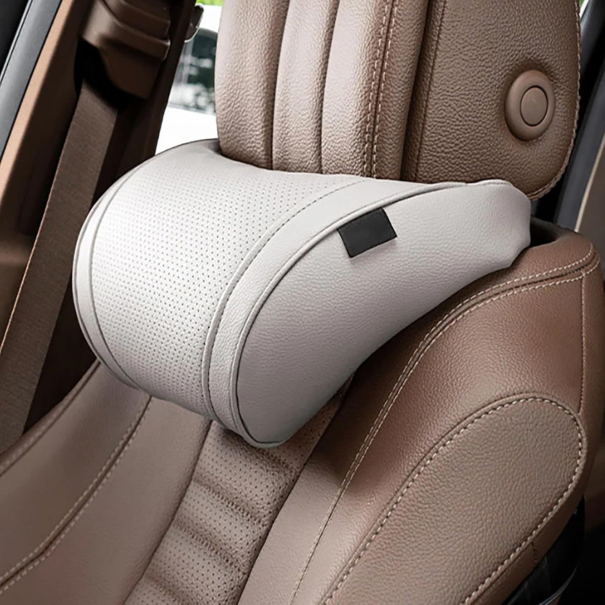Ergonomic Headrest and Lumbar Support Set for CarSeats, Leather Car HeadrestPillows, Luxurious MemoryFoam Car NeckPillow (Off-White, Headrest Cushion)