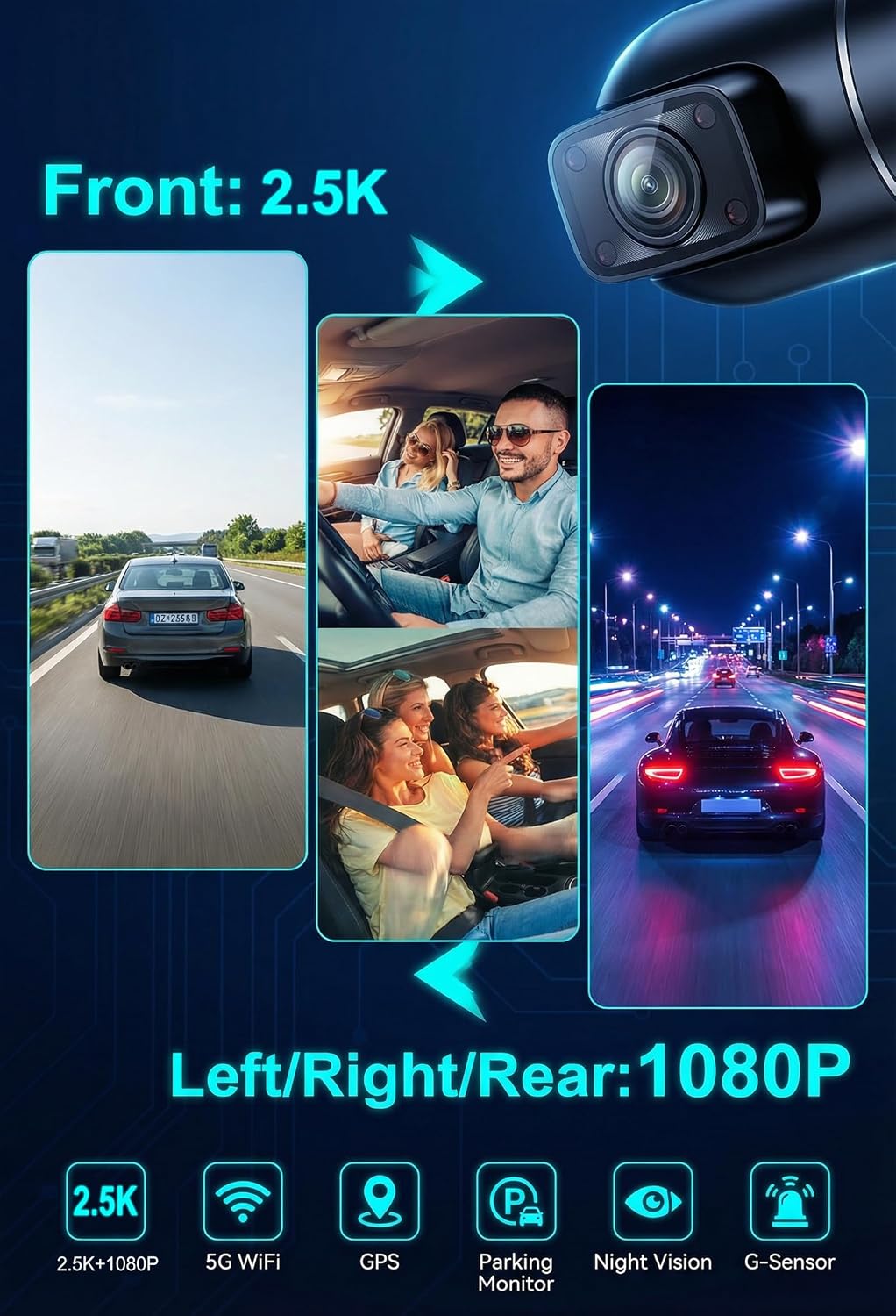 4 Channel 360° Dash Cam, 2.5K Front + 1080P, GPS & 128GB Card