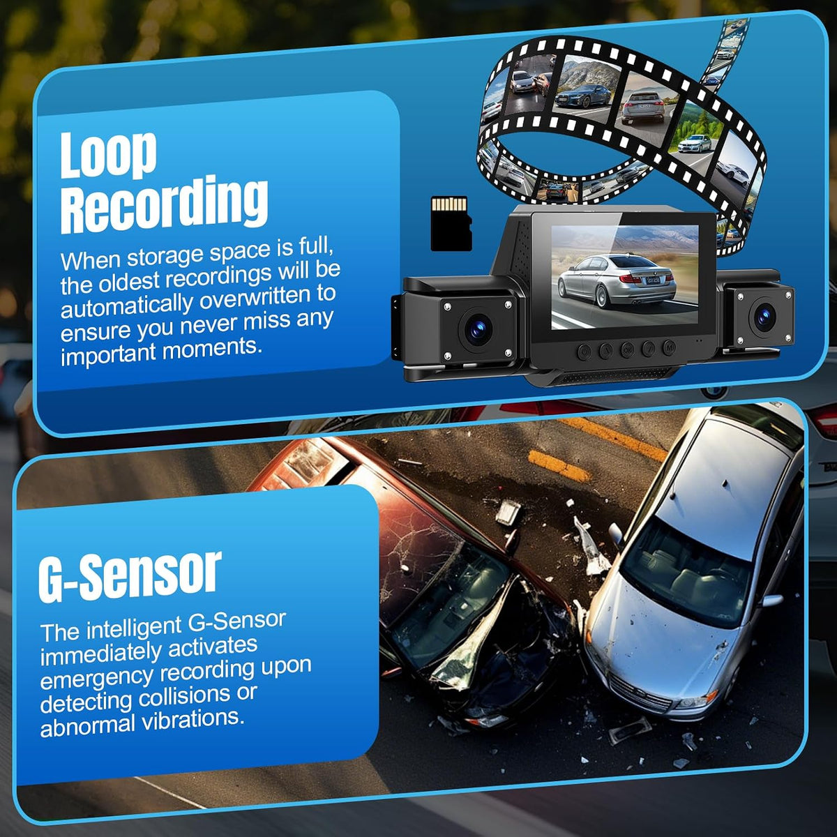 4 Channel 360° Dash Cam Front and Rear, 128GB Card, WiFi App Control, WDR