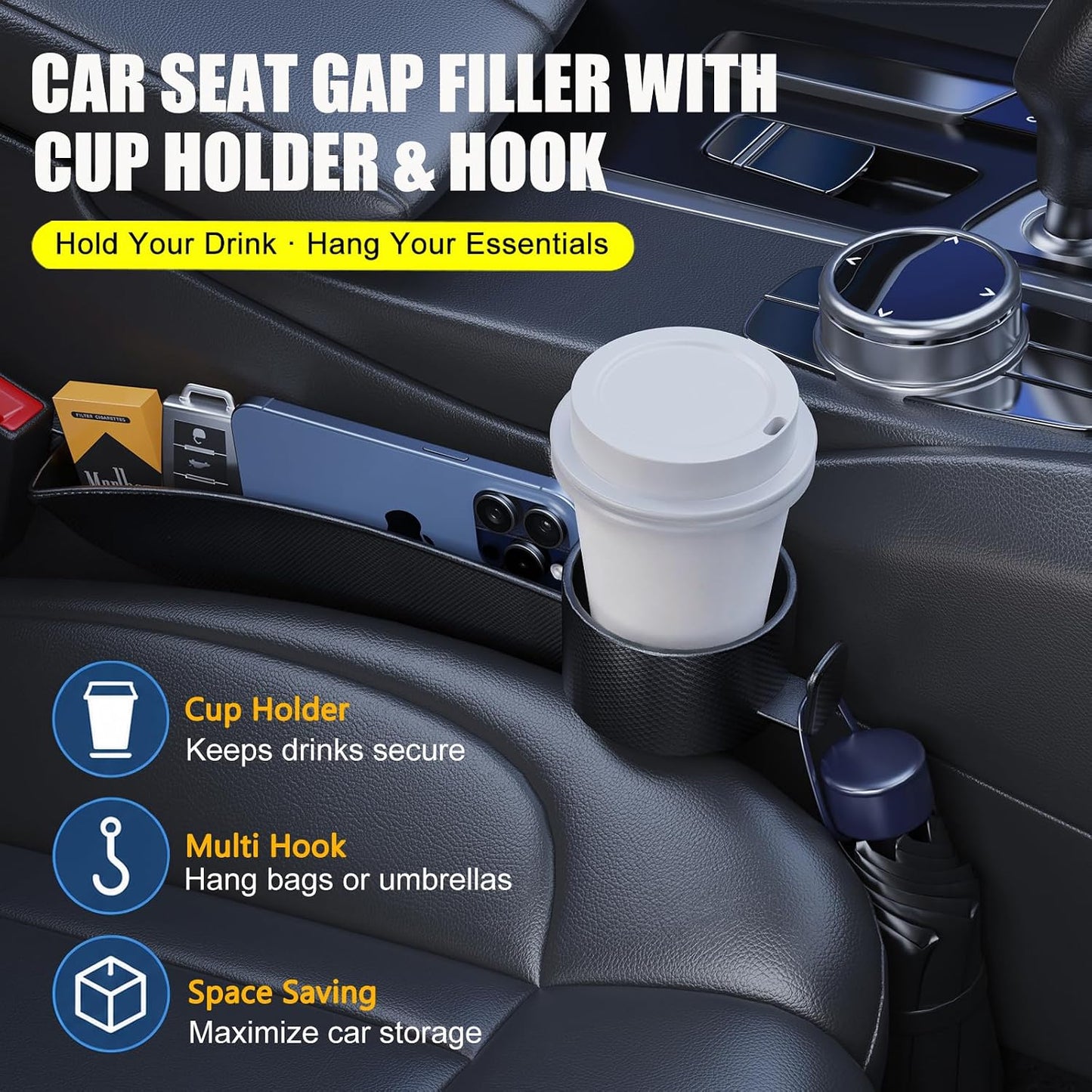 Car Seat Seat Filler 2-Piece Set to Fill the Void Between Seat Seat Blocker to Prevent Items from Drop, 4-in-1 Multifunctional Water Cup Holder Hook Large Capacity Storage Universal SUV Sedan Truck