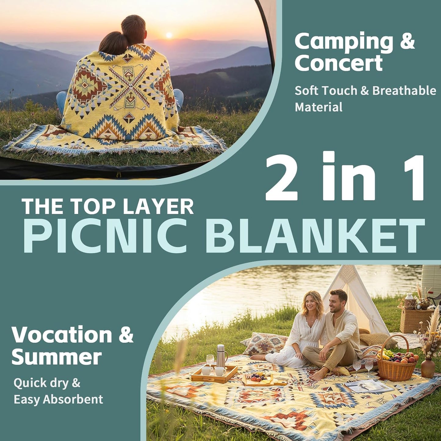 RYCHIC 2 in 1 Extra Large Camping Blanket Outdoor Rug Picnic Yoga Mat Lightweight Car Essential Roadtrip Gadget Rv Accessories Glamping Gear Must Haves Hiking Backpacking Necessities Women Beach Gift