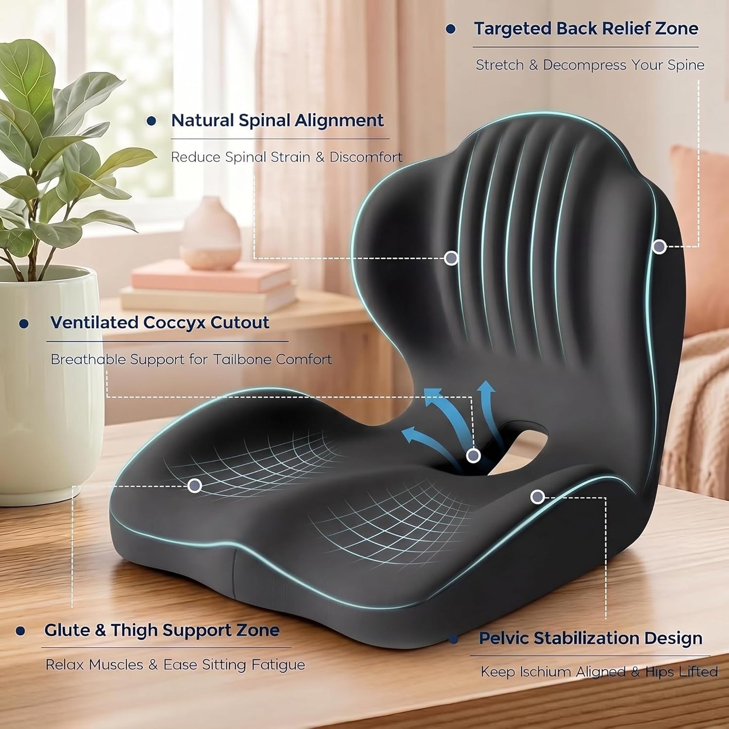 Ergonomic Waist Support and Seat Cushion, 2-in-1 Memory Foam Pad, Hollow Design for Coccyx, Suitable for Office Chairs, Car Safety Seats and Household Use - Relieves Lower Back and Hip Pain (Black)