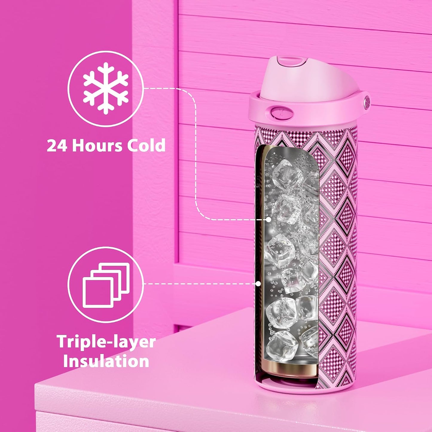 24 oz Insulated Water Bottle with Straw: Meoky Stainless Steel Metal Water Bottle with 2-in-1 Lid - Leak Proof, Cold for 24 Hours, Fits in Car Cup Holder, BPA-Free for Gym Travel Sports, Candy Knit
