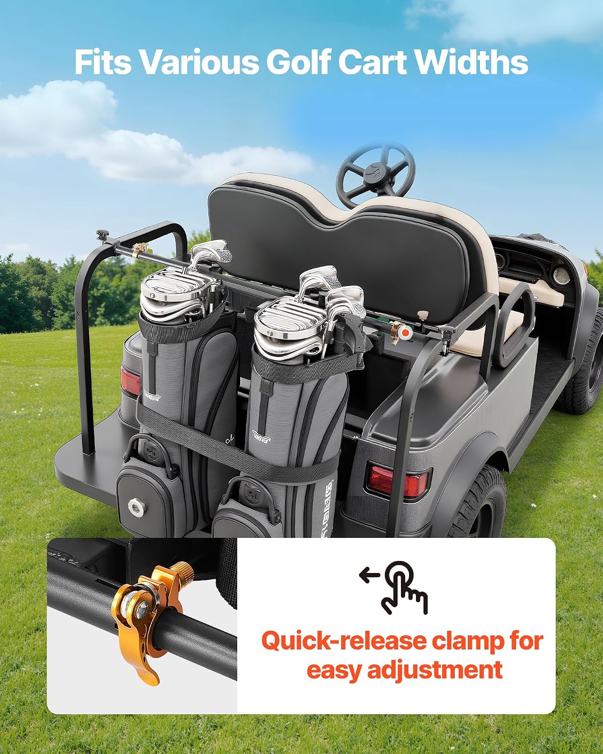 VEVOR Golf Cart Bag Holder, Compatible with Yamaha, EZGO, Club Car, Most Golf Cart Rear Seat with 1.2 Inch Square Tubes, Adjustable Rear Seat Carts Club Holder with Strap, No Drilling Required