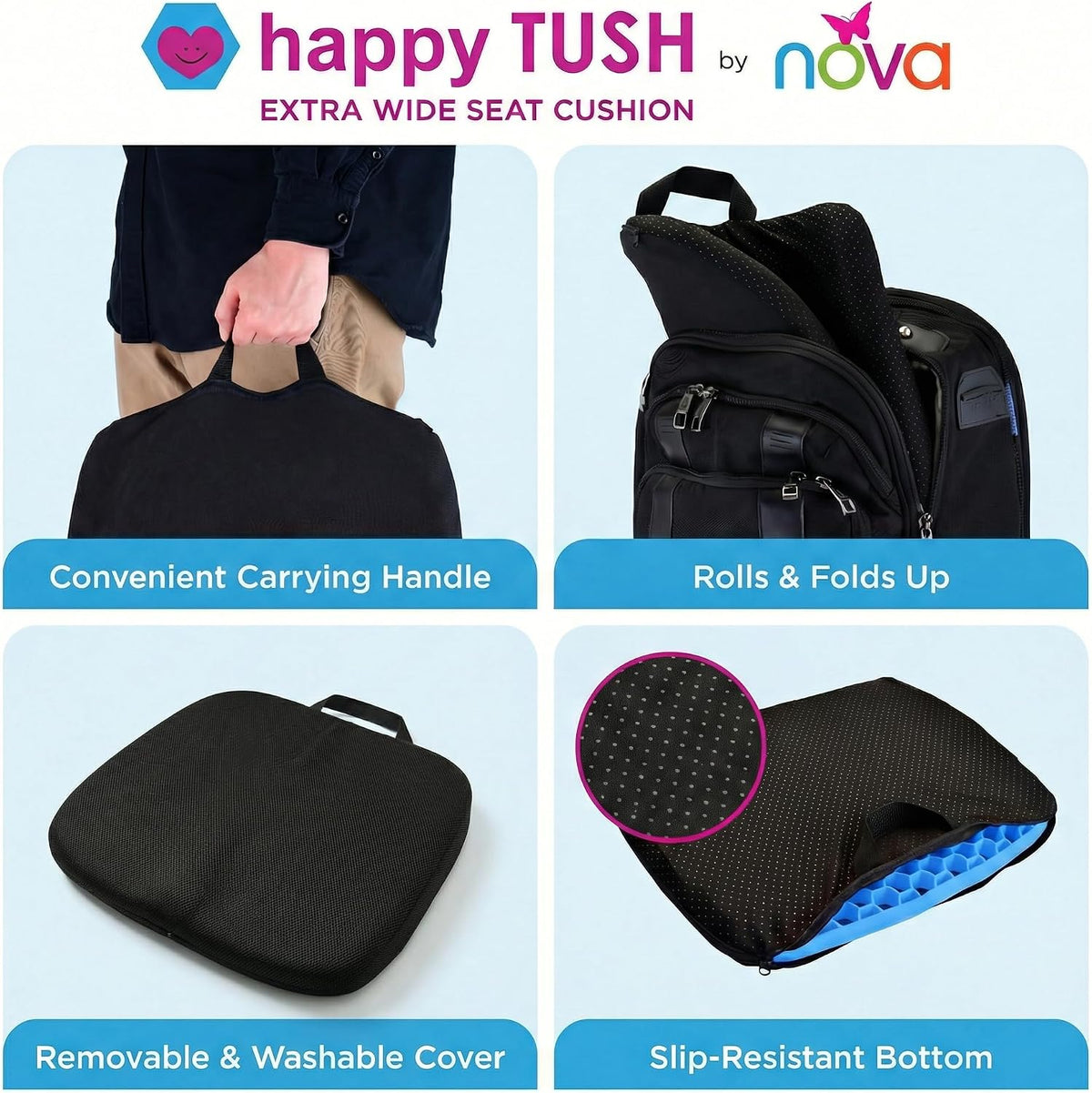 NOVA Happy Tush Extra Wide Gel Cell Seat Cushion, Double-Layer Pressure-Relief Gel, Foldable & Portable, Water-Resistant, Washable Non-Slip Cover, Home, Office & Travel