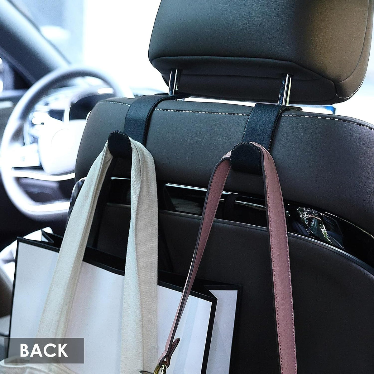 AMVOYOA Leather Car Seat Hooks - U-Shaped Purse Holder for Car, Fully Leather-Wrapped Headrest Hooks for Purses, Bags & Coats, Durable Seat Back Organizer for Travel & Daily Use (Black, 2 Pack)