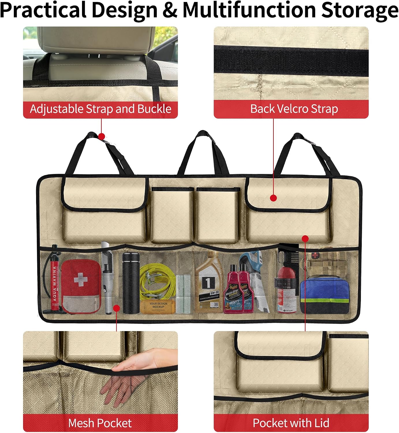 Car Trunk Organizer and Storage, Large Capacity Backseat Hanging Storage Accessories, Backseat Car Organizer for SUV/MPV/Truck (Champagne)