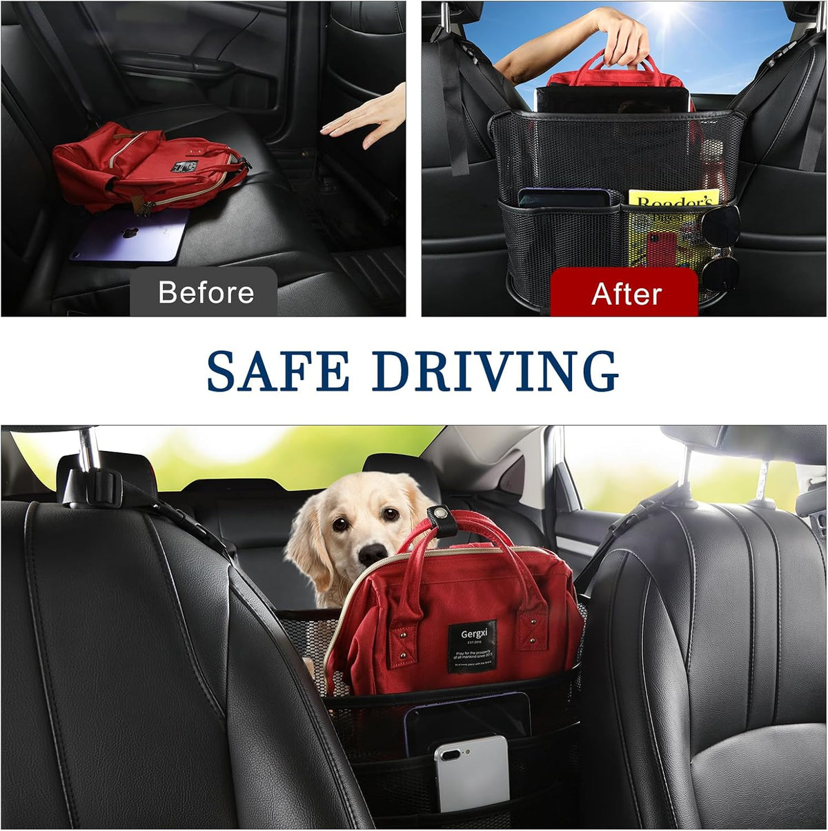 Cavalcade Car Net Pocket, Back Seat Mesh Organizer, Automotive Console Handbag Holder, Netting Pouch Storage Bag for Car, Barrier of Backseat Pet Kids, Black